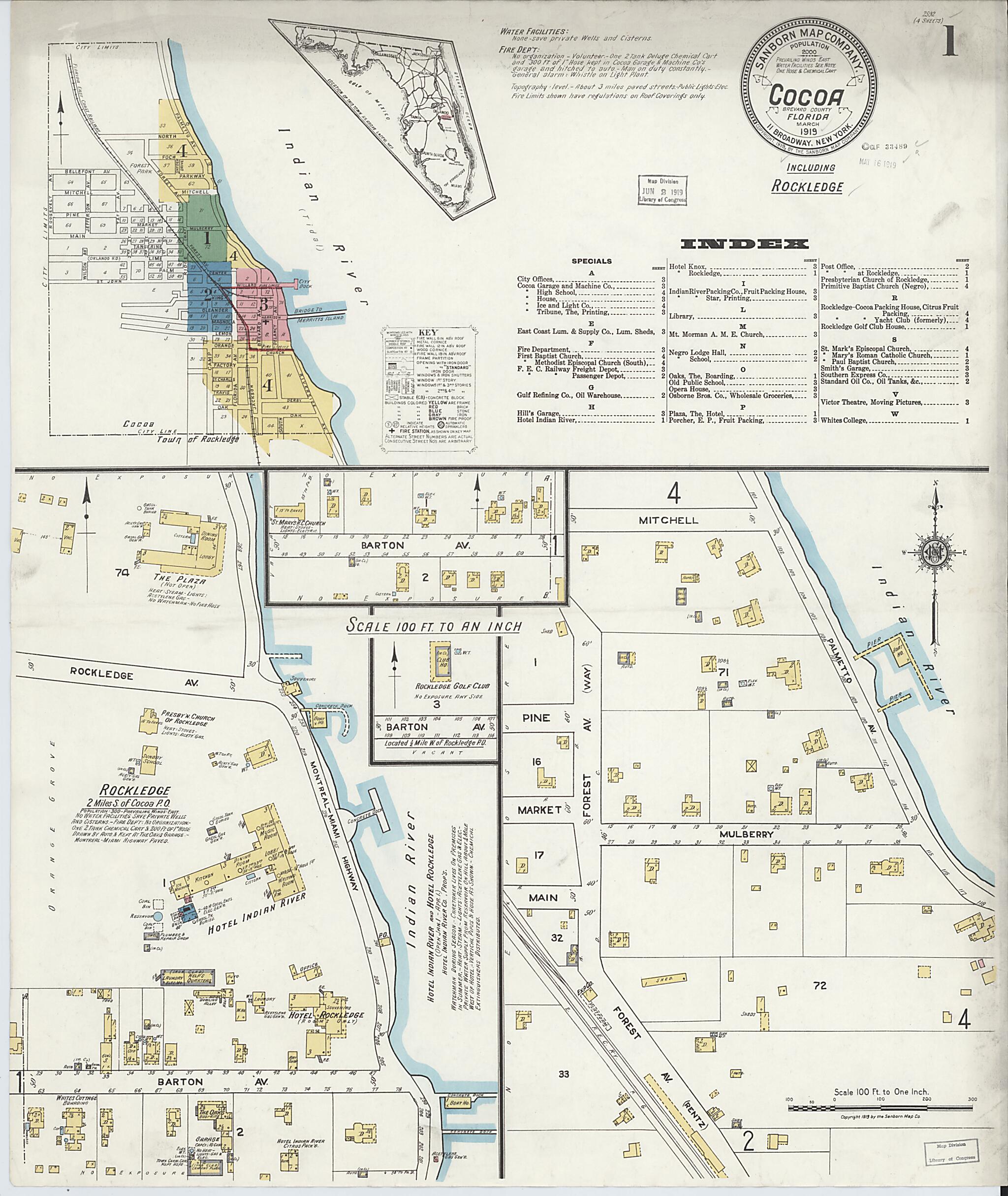 This old map of Rockledge, Brevard County, Florida was created by Sanborn Map Company in 1919