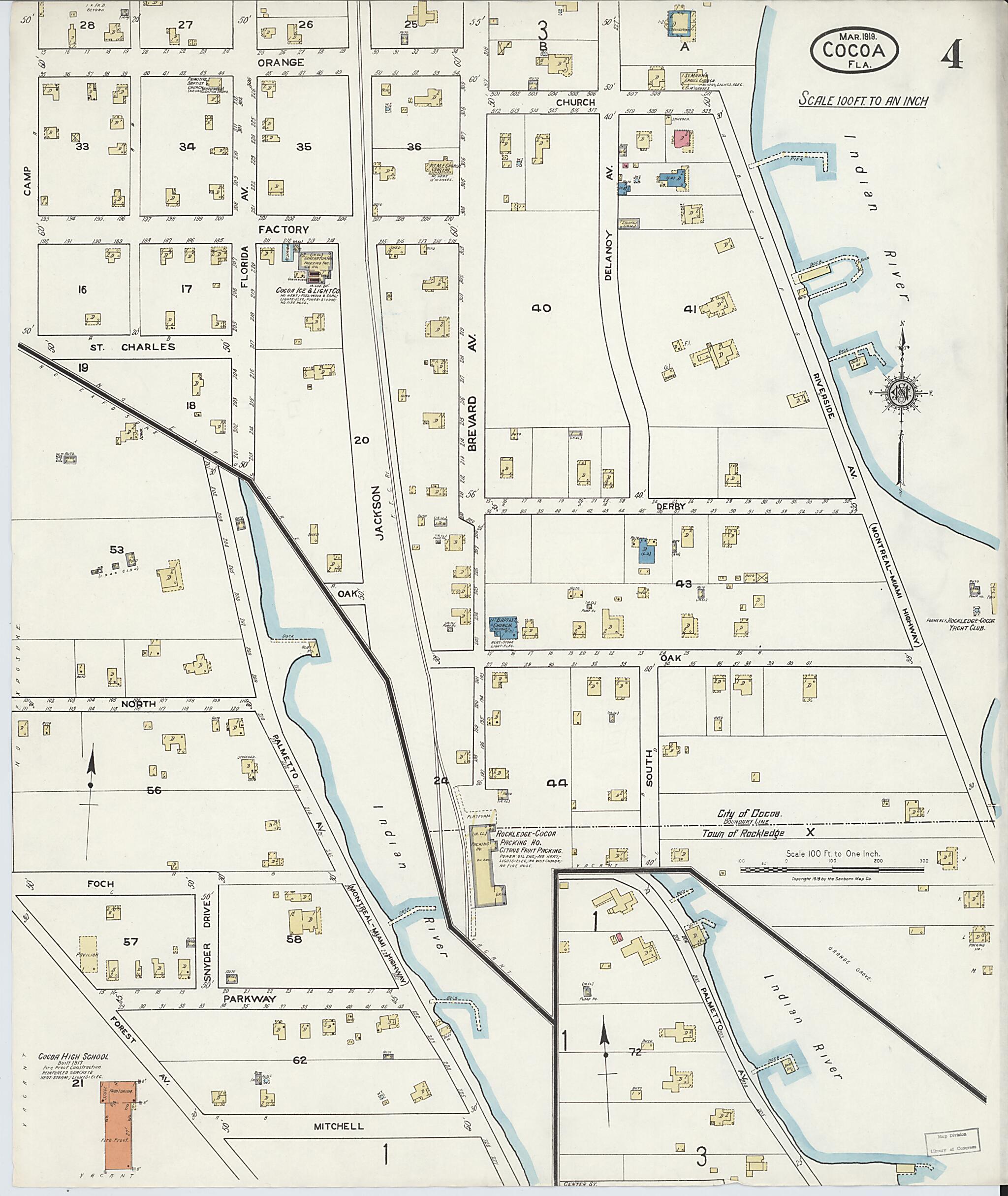 This old map of Rockledge, Brevard County, Florida was created by Sanborn Map Company in 1919
