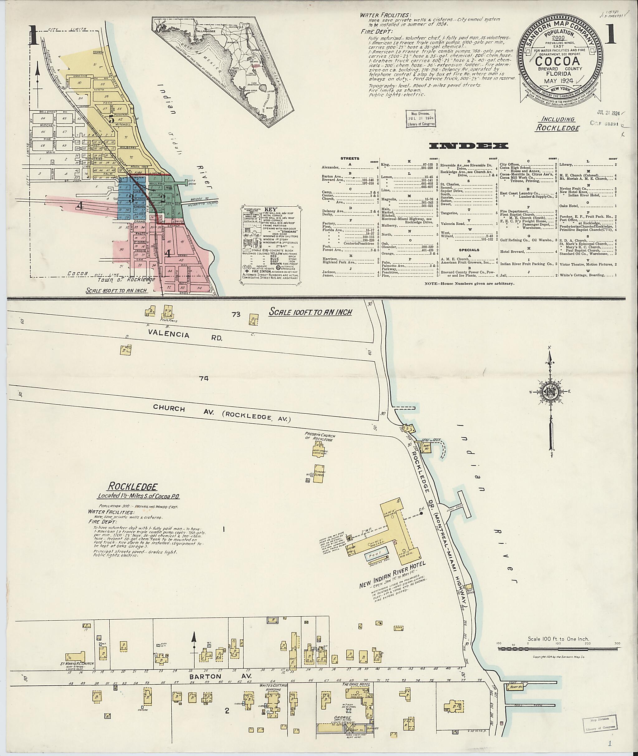 This old map of Rockledge, Brevard County, Florida was created by Sanborn Map Company in 1924