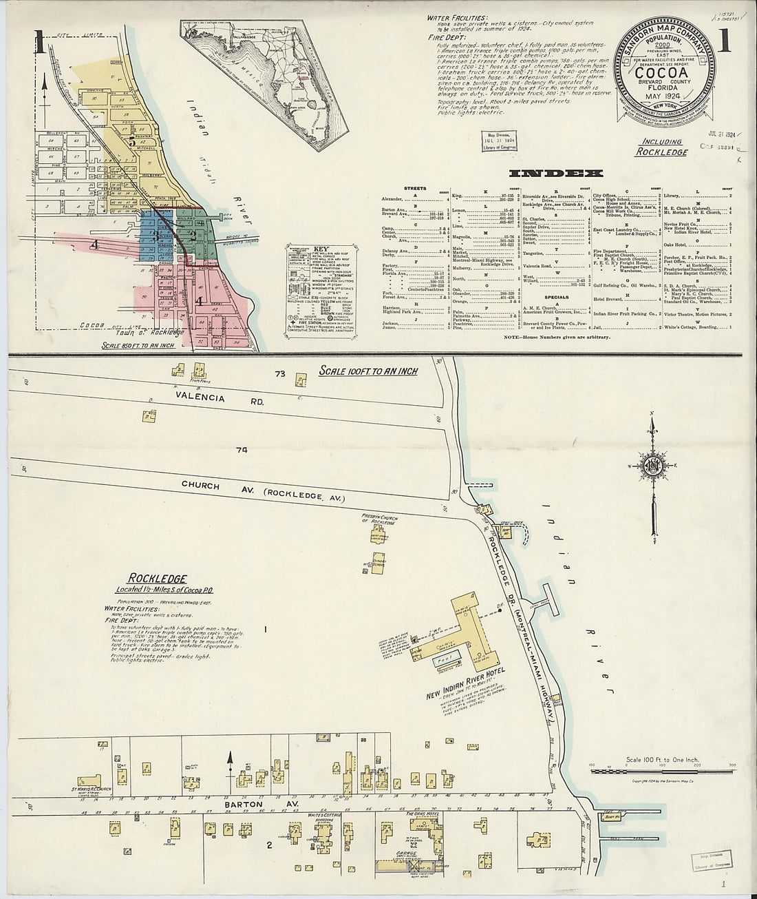 This old map of Rockledge, Brevard County, Florida was created by Sanborn Map Company in 1924