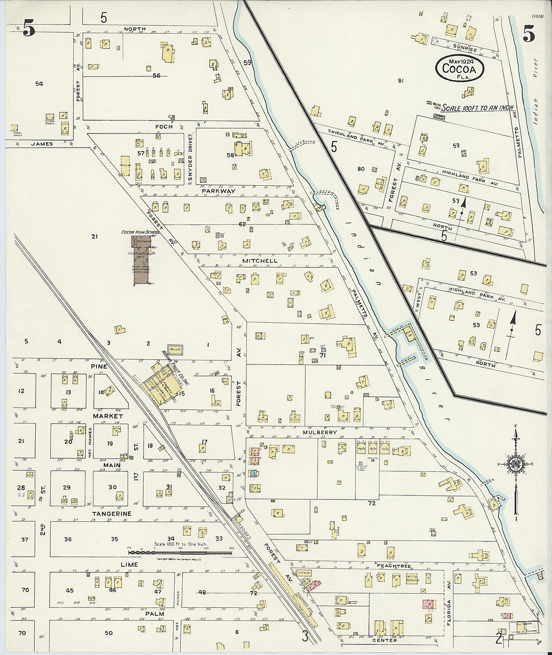 This old map of Rockledge, Brevard County, Florida was created by Sanborn Map Company in 1924