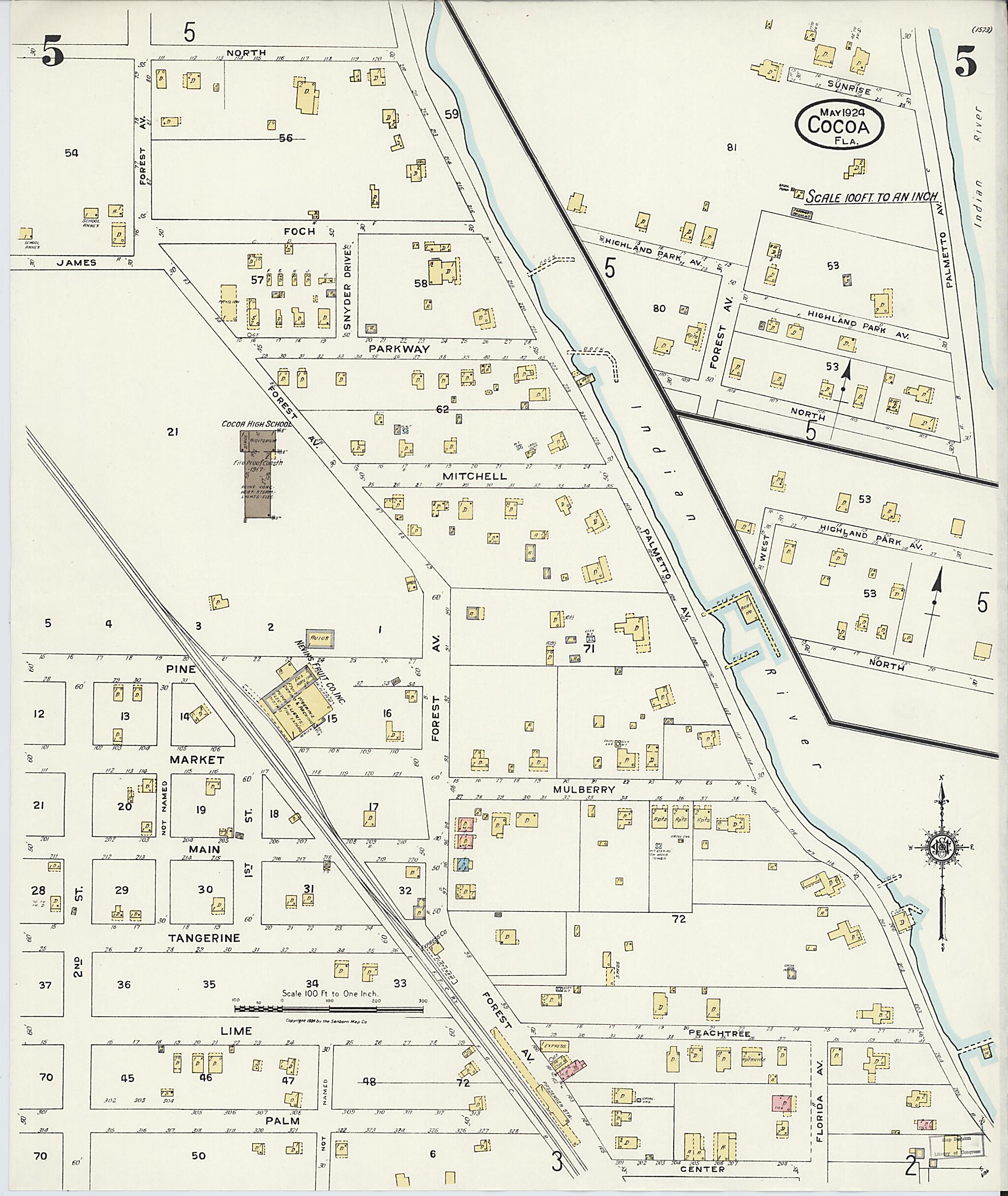 This old map of Rockledge, Brevard County, Florida was created by Sanborn Map Company in 1924