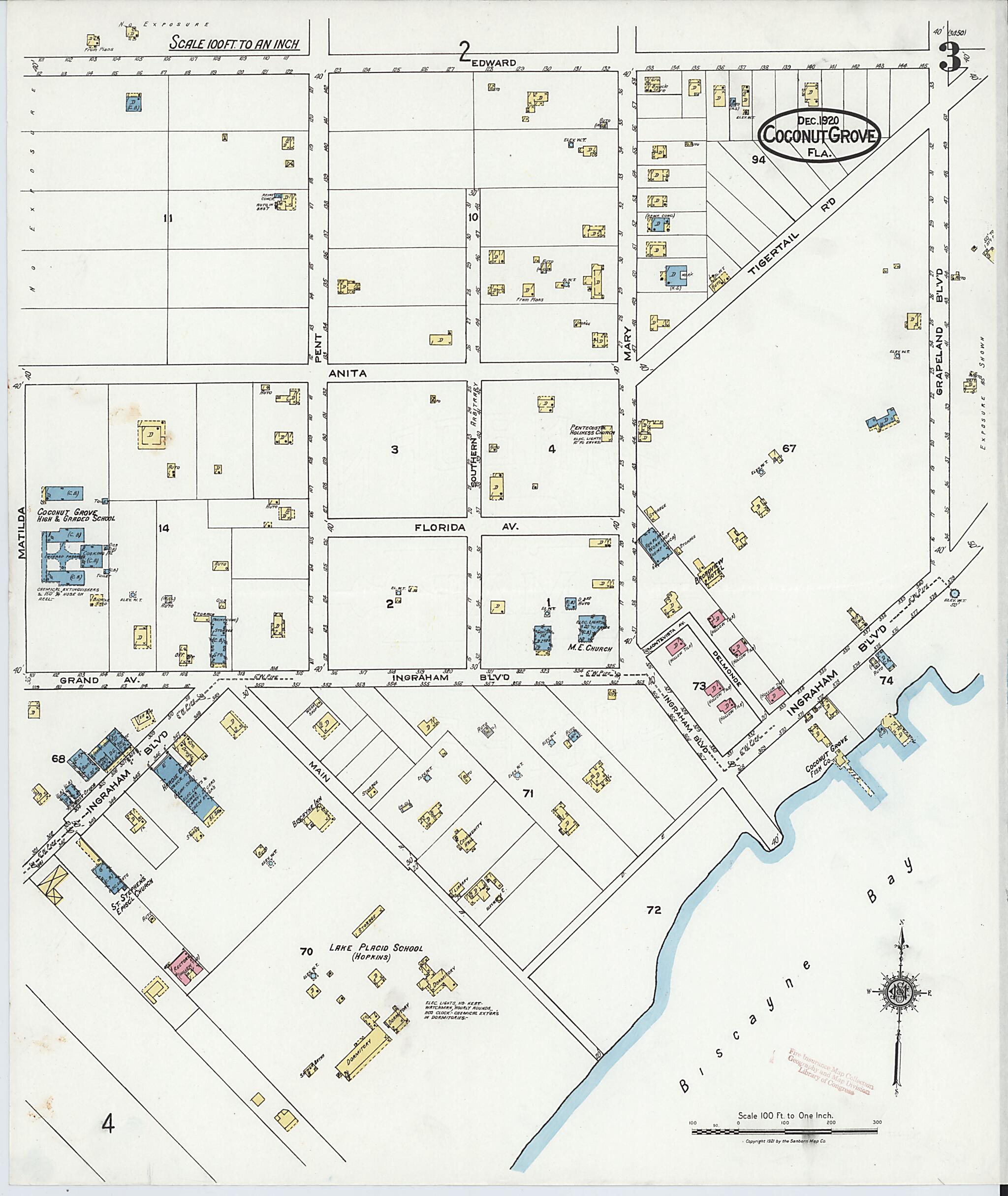 This old map of Coconut Grove, Dade County, Florida was created by Sanborn Map Company in 1920