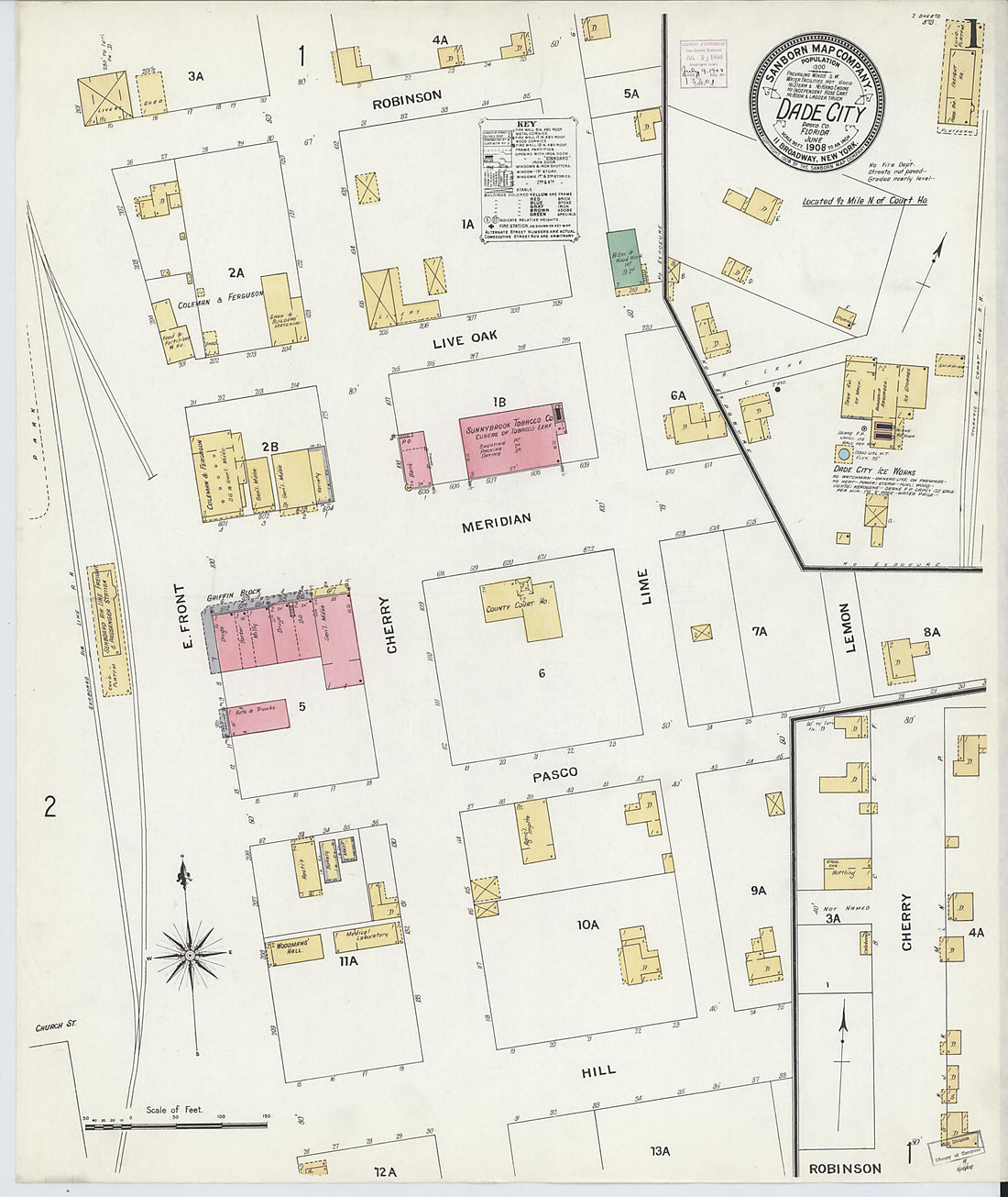 This old map of Dade City, Pasco County, Florida was created by Sanborn Map Company in 1908