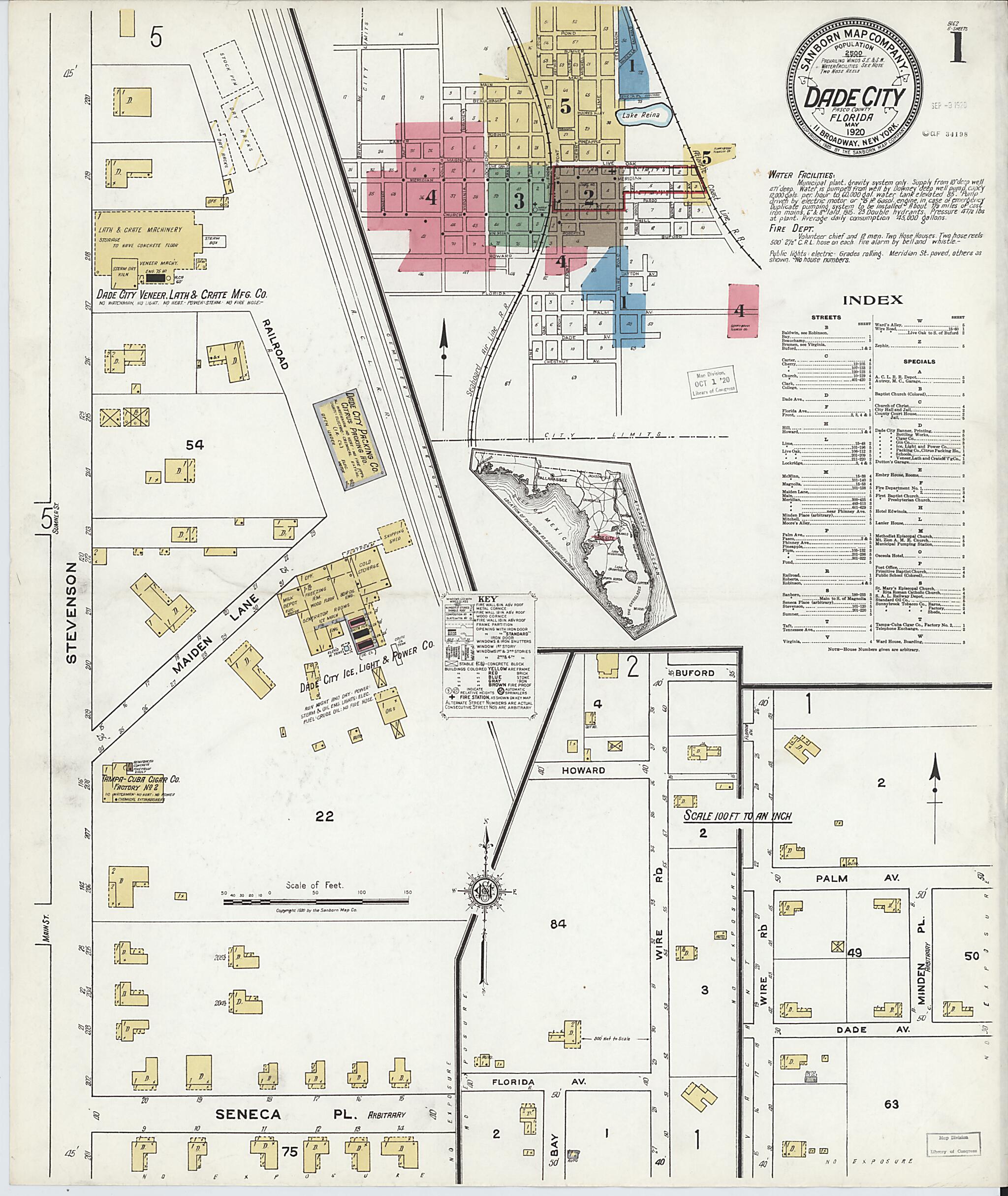 This old map of Dade City, Pasco County, Florida was created by Sanborn Map Company in 1920