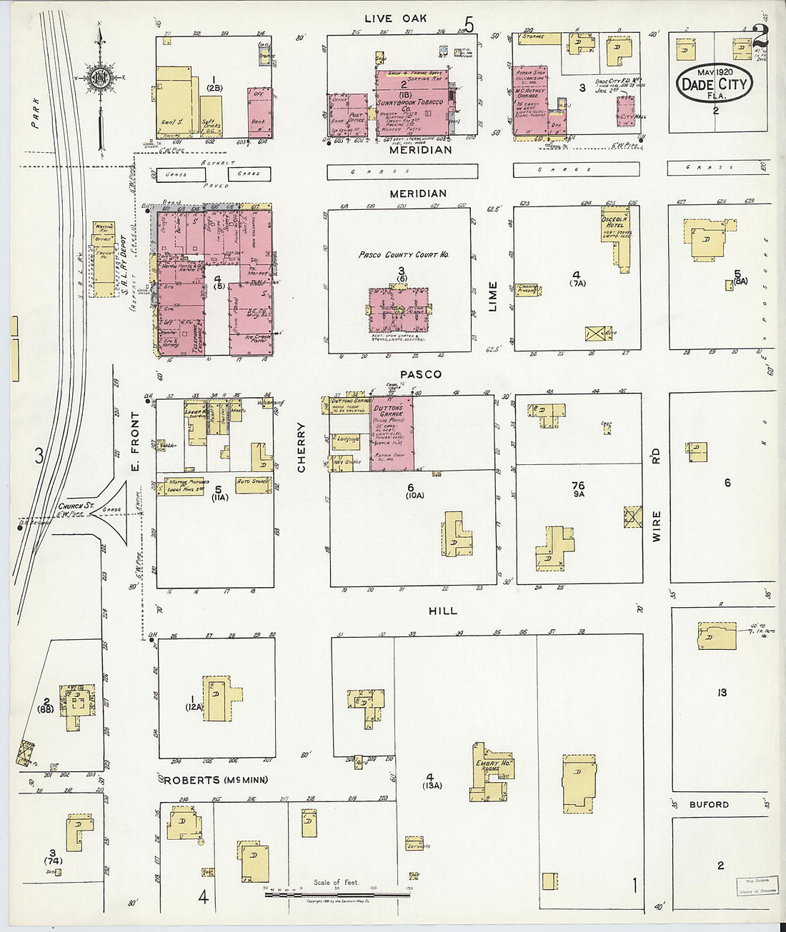 This old map of Dade City, Pasco County, Florida was created by Sanborn Map Company in 1920