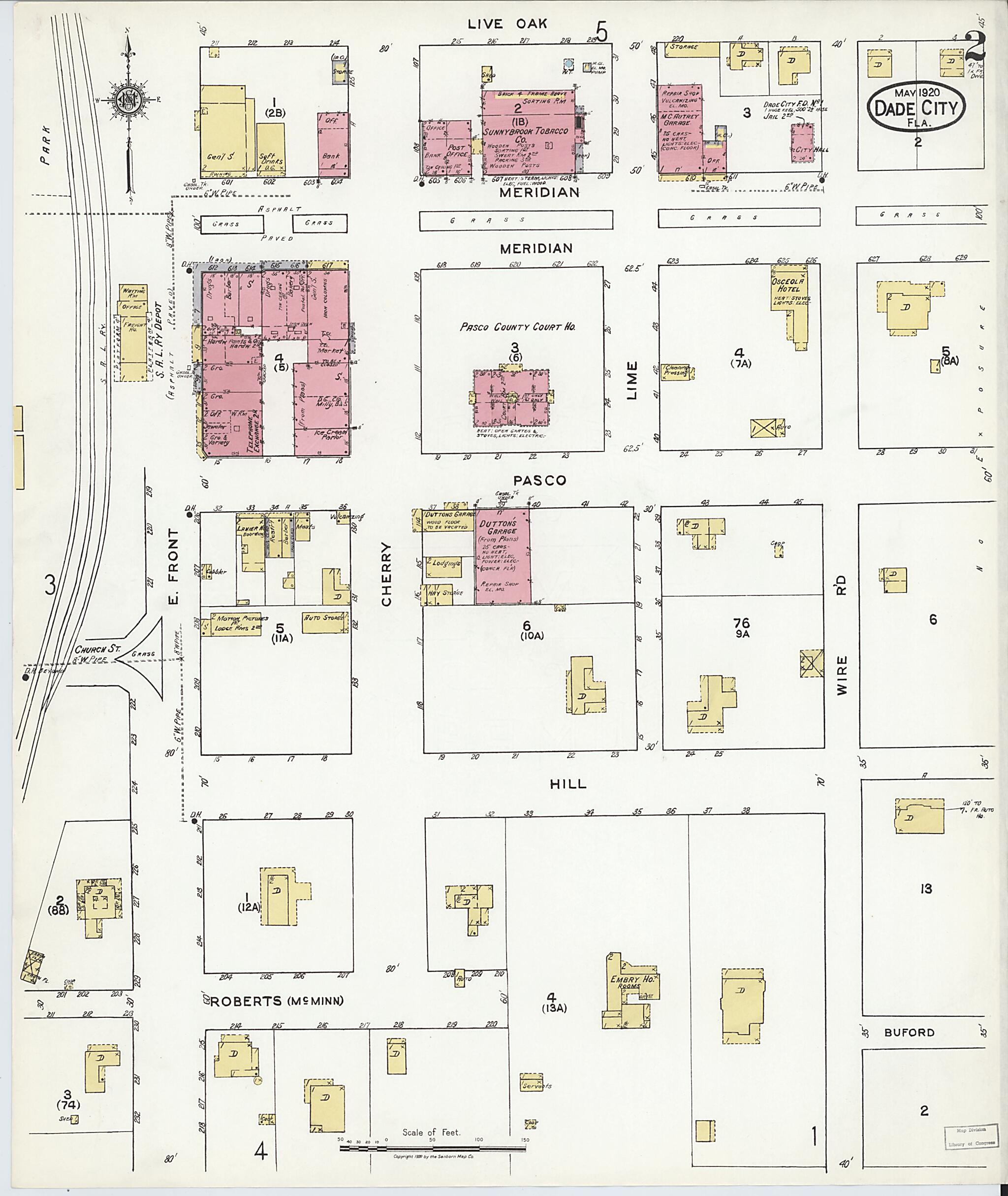 This old map of Dade City, Pasco County, Florida was created by Sanborn Map Company in 1920