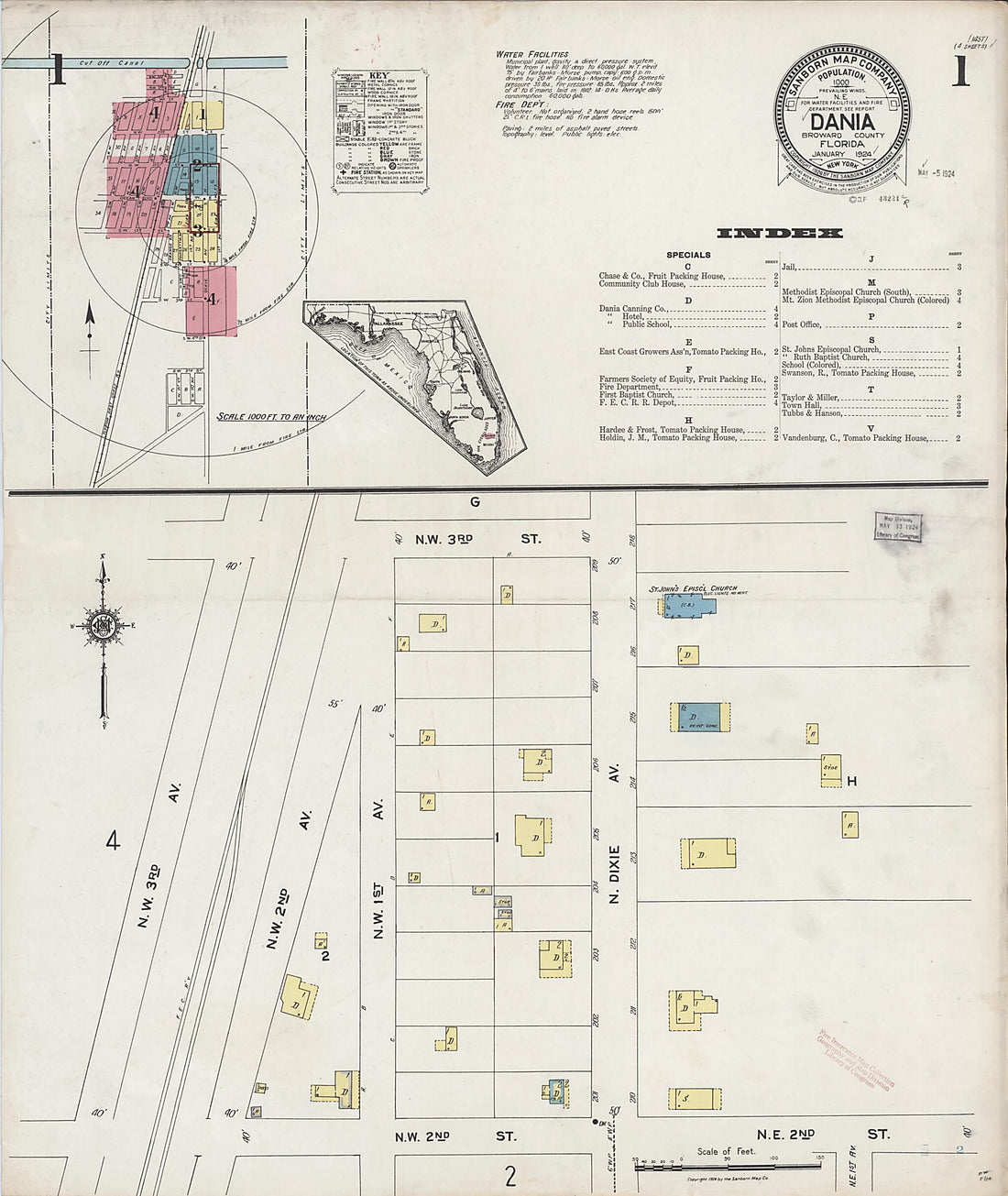 This old map of Dania, Broward County, Florida was created by Sanborn Map Company in 1924