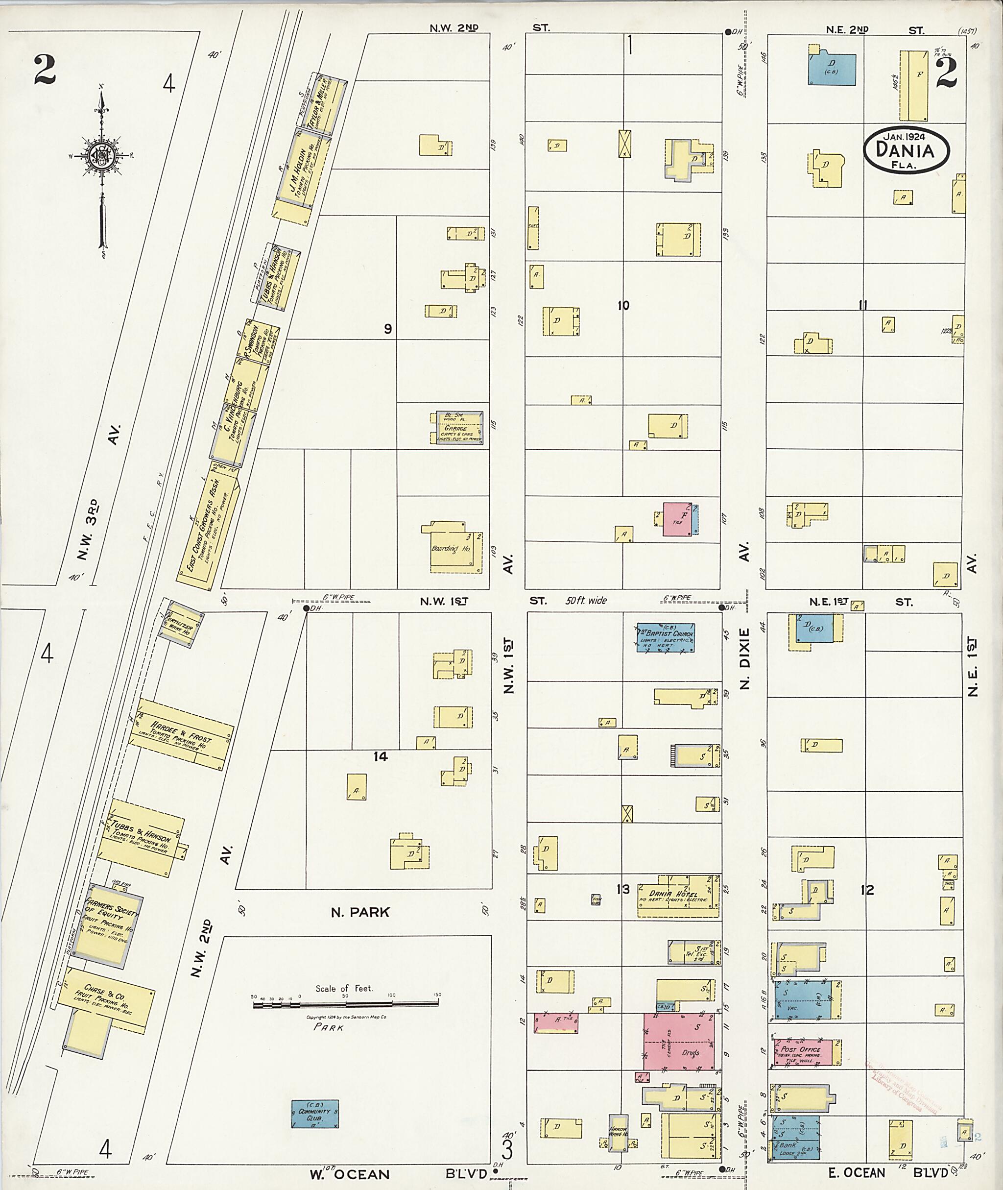 This old map of Dania, Broward County, Florida was created by Sanborn Map Company in 1924
