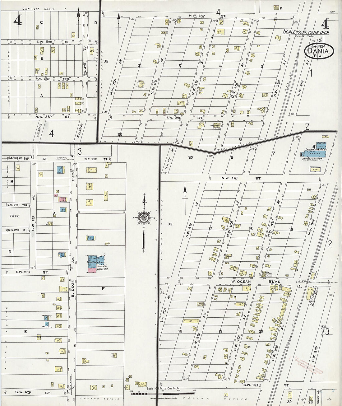 This old map of Dania, Broward County, Florida was created by Sanborn Map Company in 1924