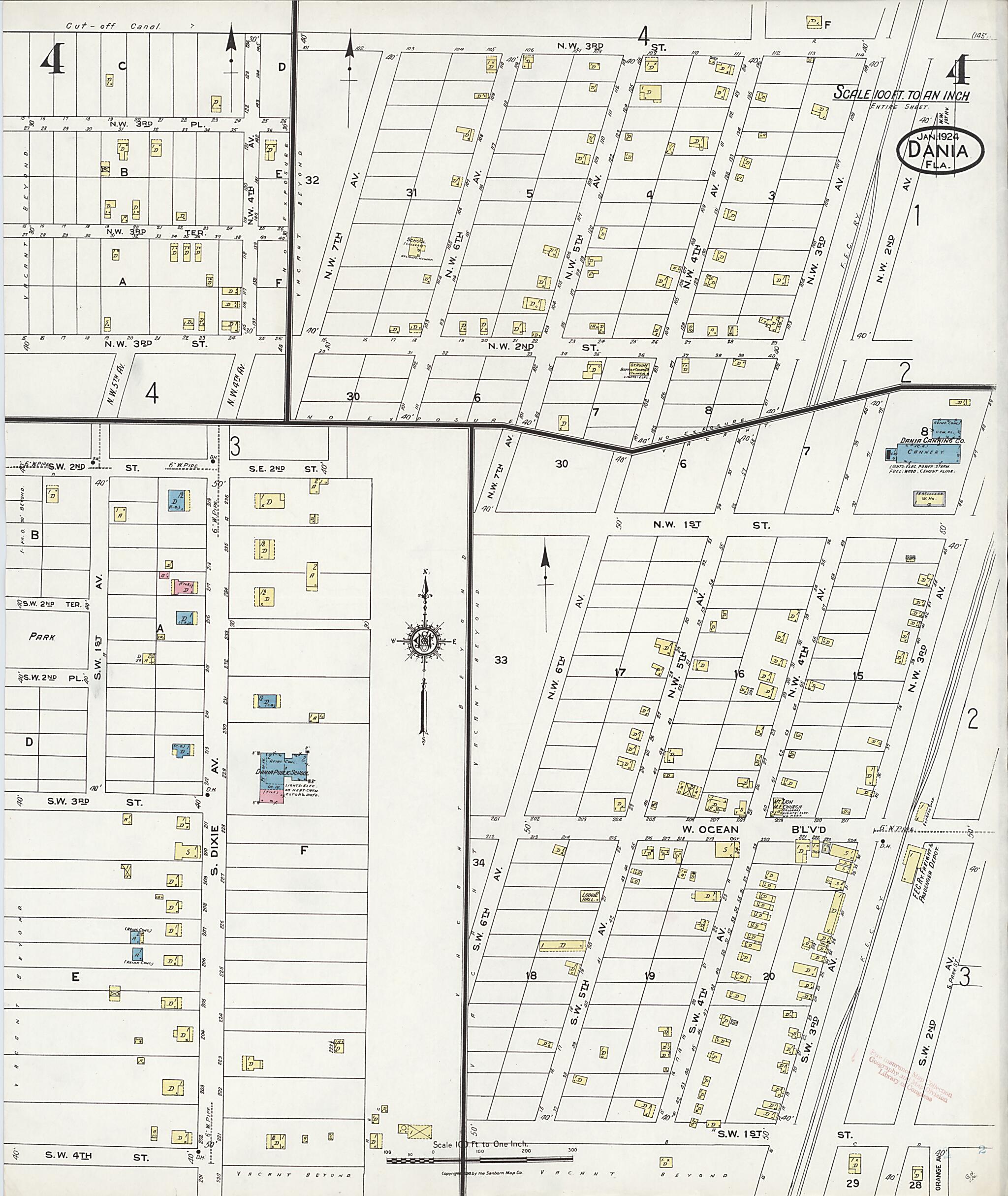 This old map of Dania, Broward County, Florida was created by Sanborn Map Company in 1924