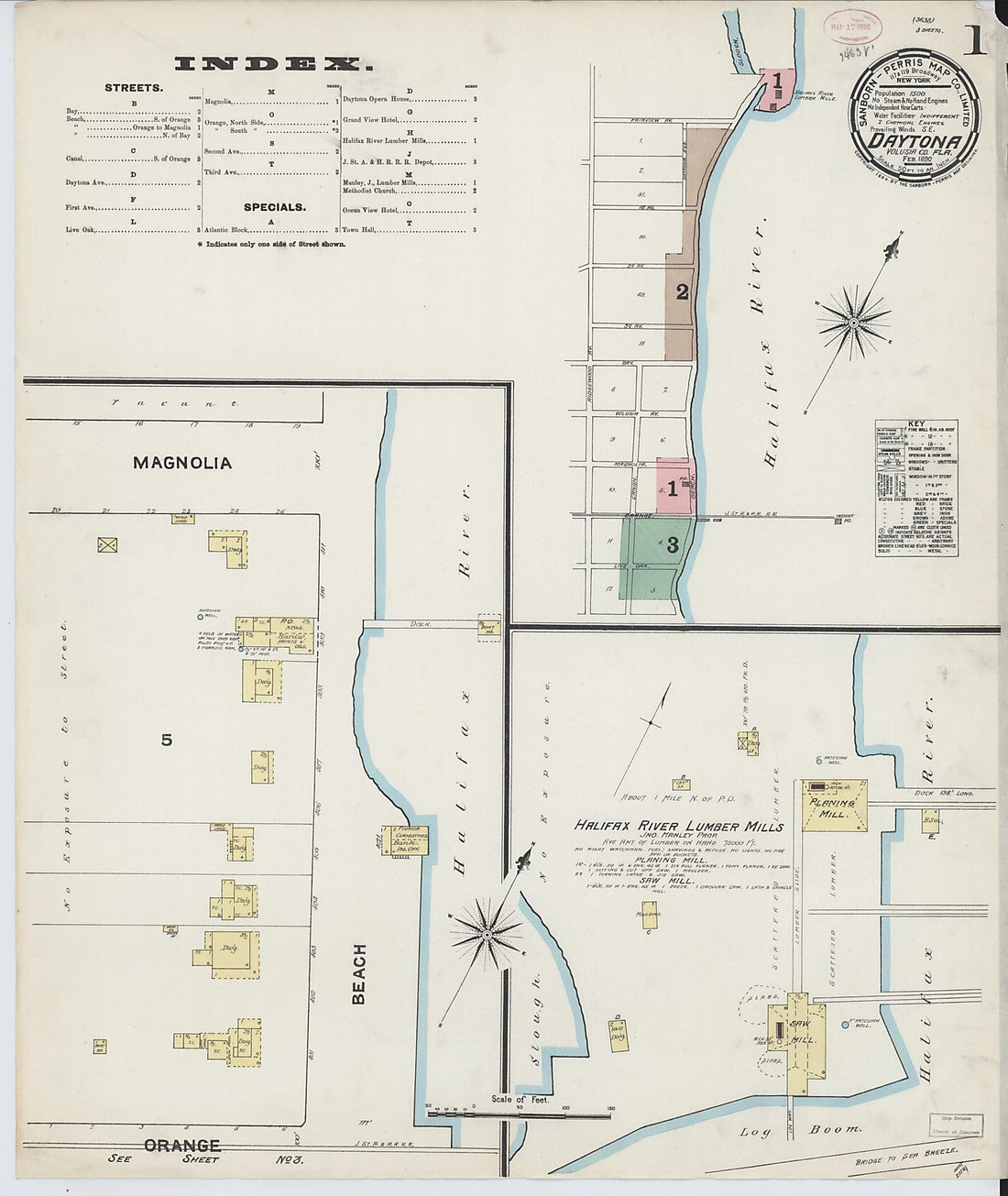 This old map of Daytona, Volusia County, Florida was created by Sanborn Map Company in 1890