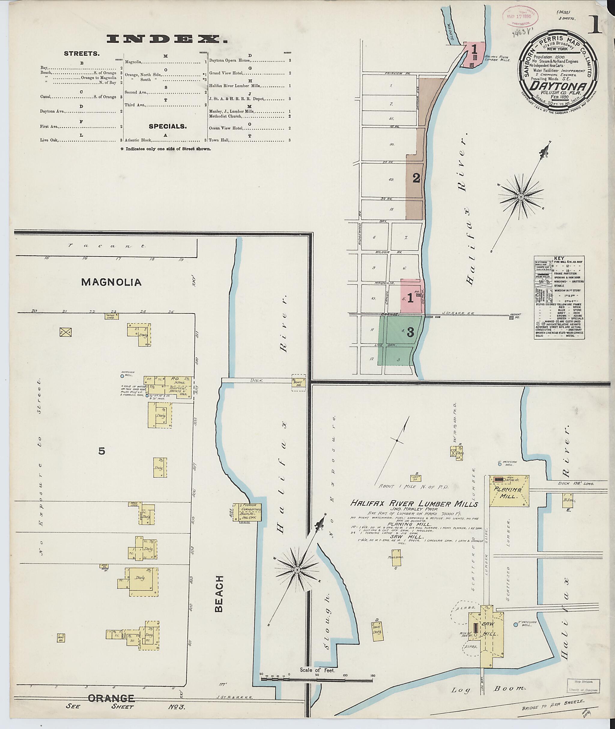 This old map of Daytona, Volusia County, Florida was created by Sanborn Map Company in 1890