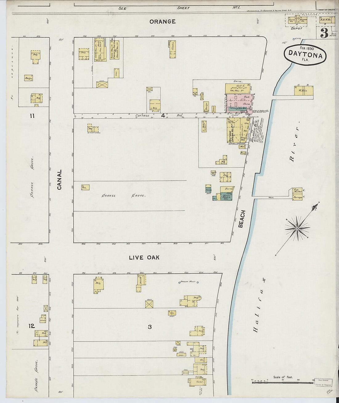This old map of Daytona, Volusia County, Florida was created by Sanborn Map Company in 1890