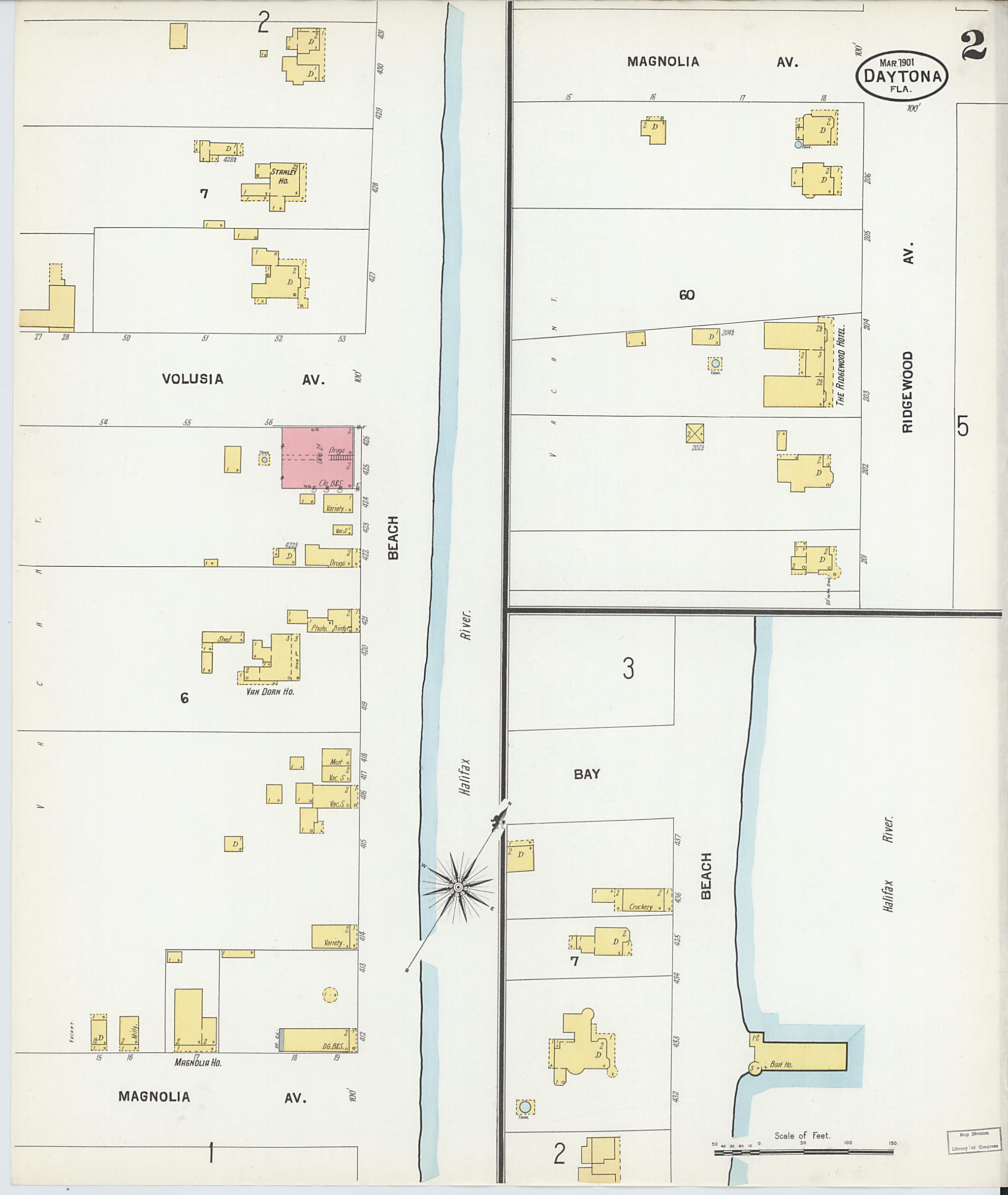 This old map of Daytona, Volusia County, Florida was created by Sanborn Map Company in 1901
