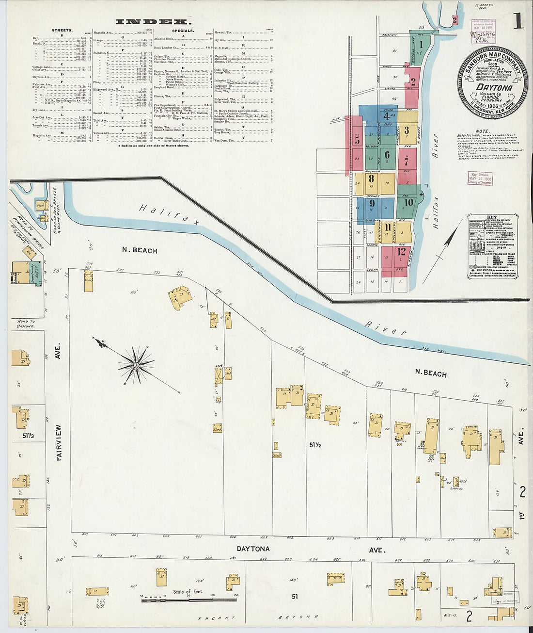 This old map of Daytona, Volusia County, Florida was created by Sanborn Map Company in 1906