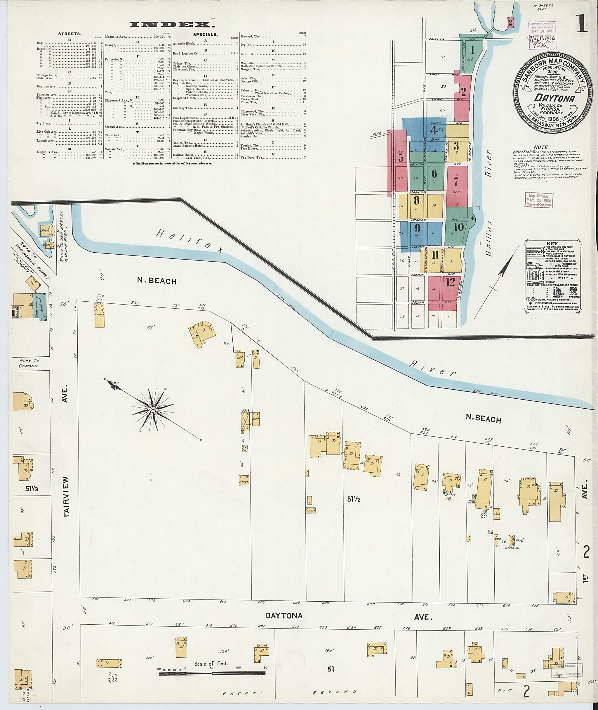 This old map of Daytona, Volusia County, Florida was created by Sanborn Map Company in 1906