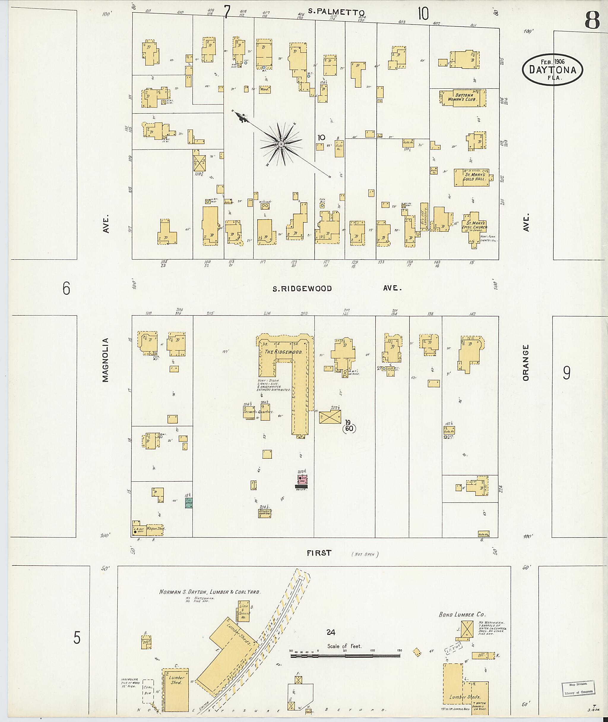 This old map of Daytona, Volusia County, Florida was created by Sanborn Map Company in 1906