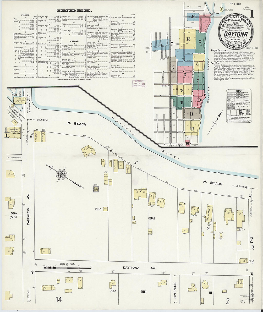 This old map of Daytona, Volusia County, Florida was created by Sanborn Map Company in 1912