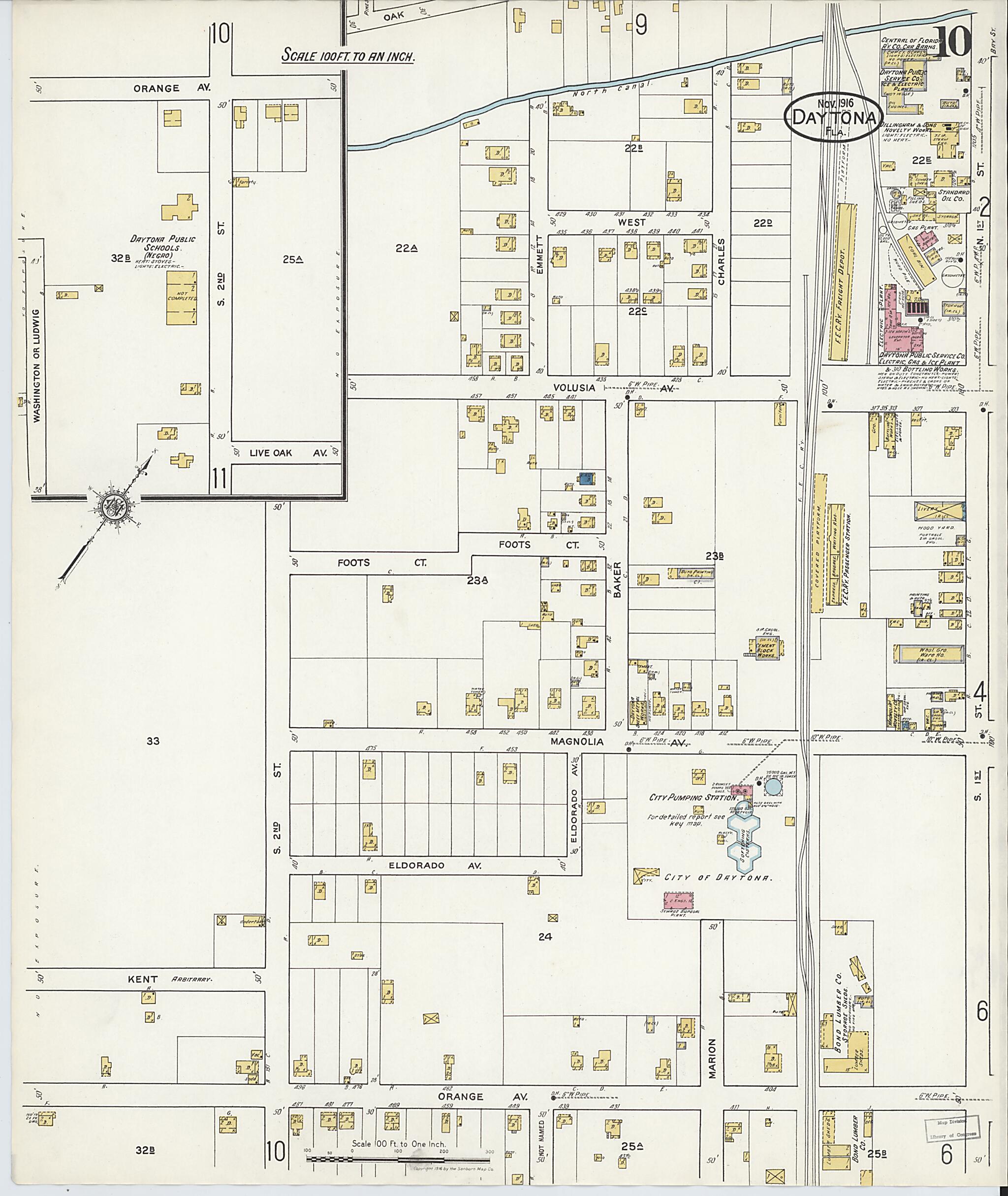 This old map of Daytona, Volusia County, Florida was created by Sanborn Map Company in 1916