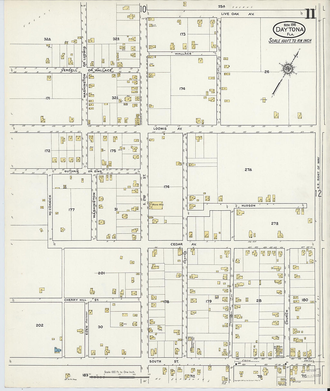 This old map of Daytona, Volusia County, Florida was created by Sanborn Map Company in 1916