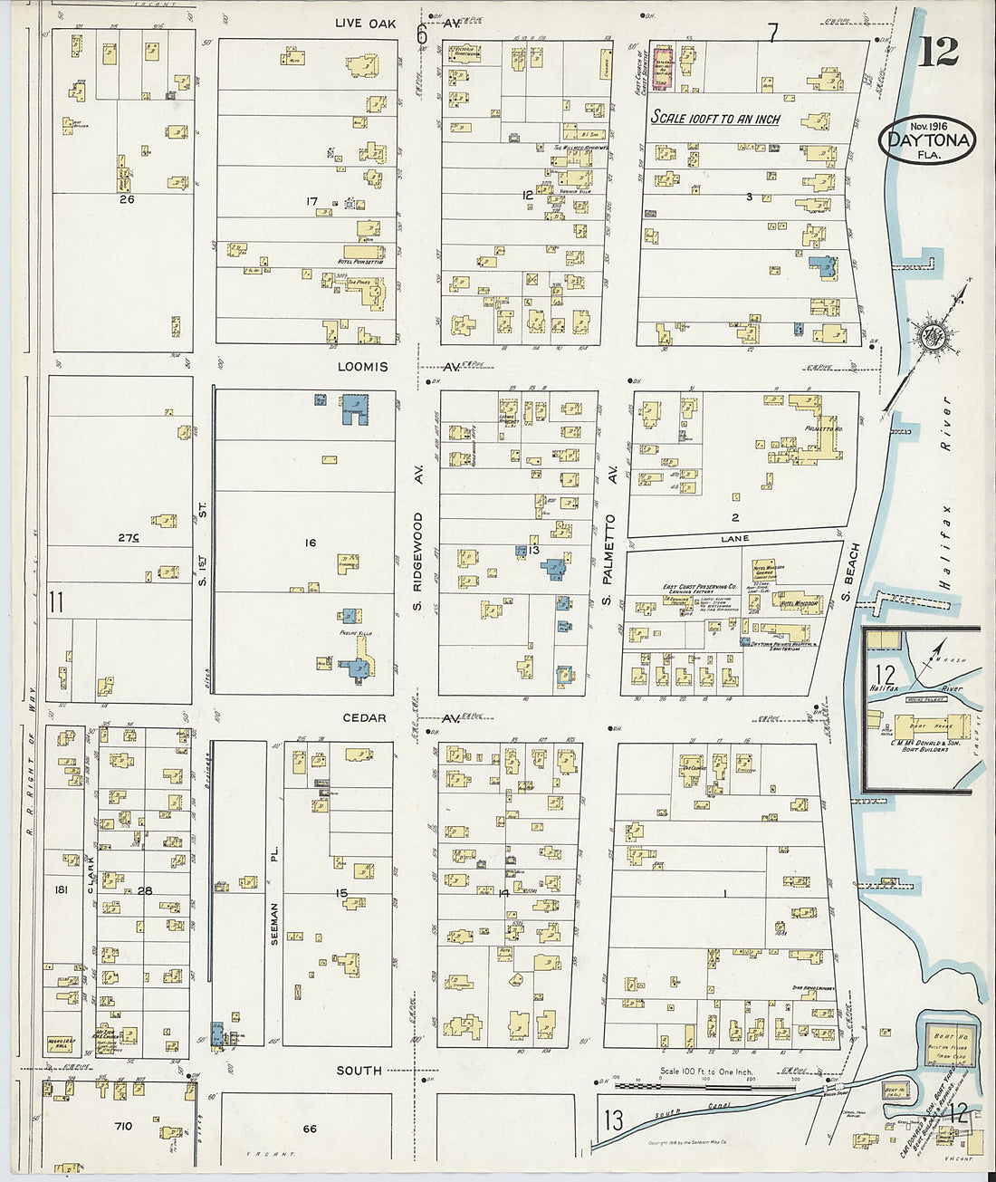 This old map of Daytona, Volusia County, Florida was created by Sanborn Map Company in 1916