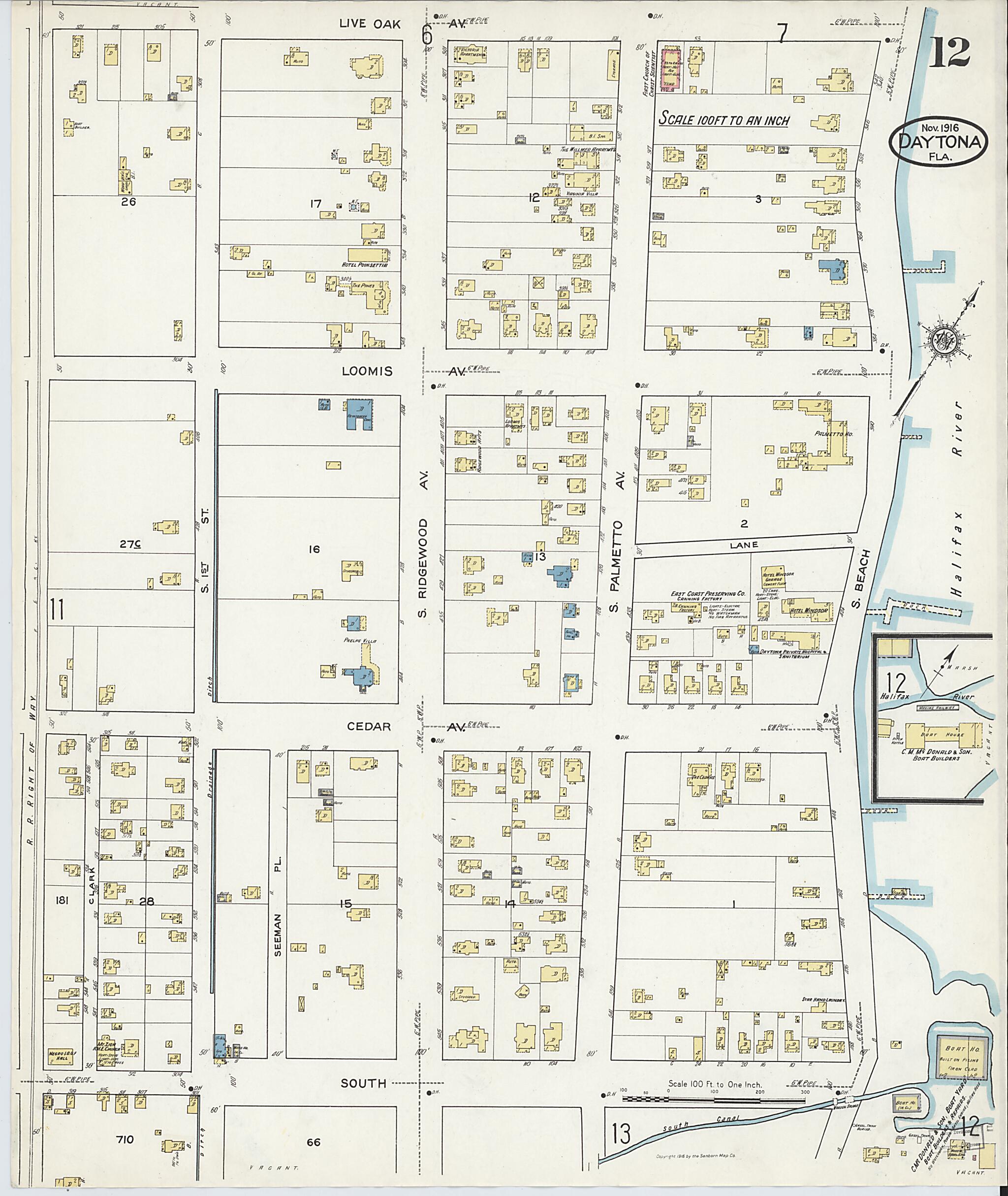 This old map of Daytona, Volusia County, Florida was created by Sanborn Map Company in 1916