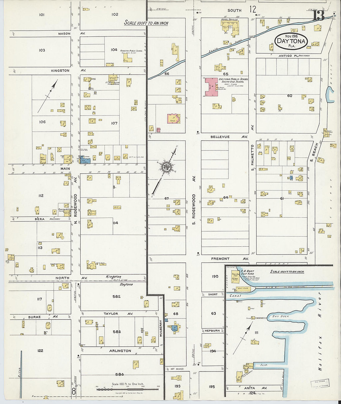 This old map of Daytona, Volusia County, Florida was created by Sanborn Map Company in 1916