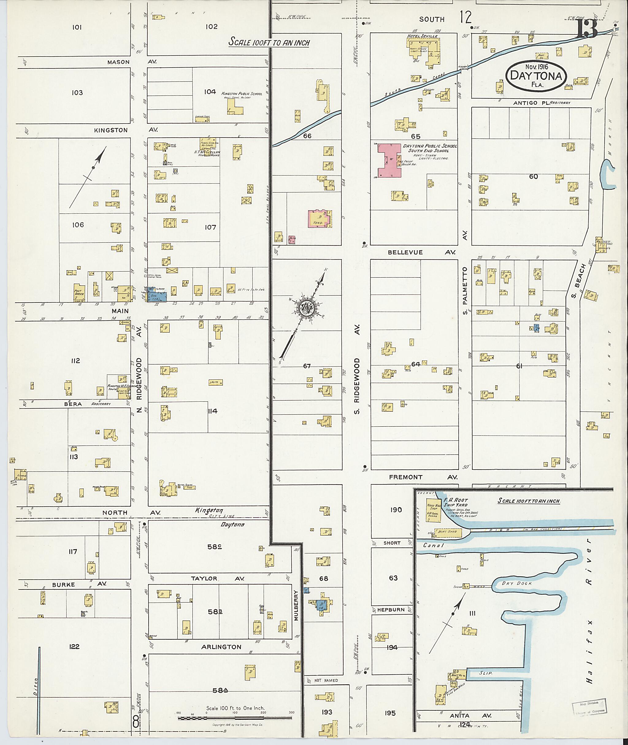 This old map of Daytona, Volusia County, Florida was created by Sanborn Map Company in 1916