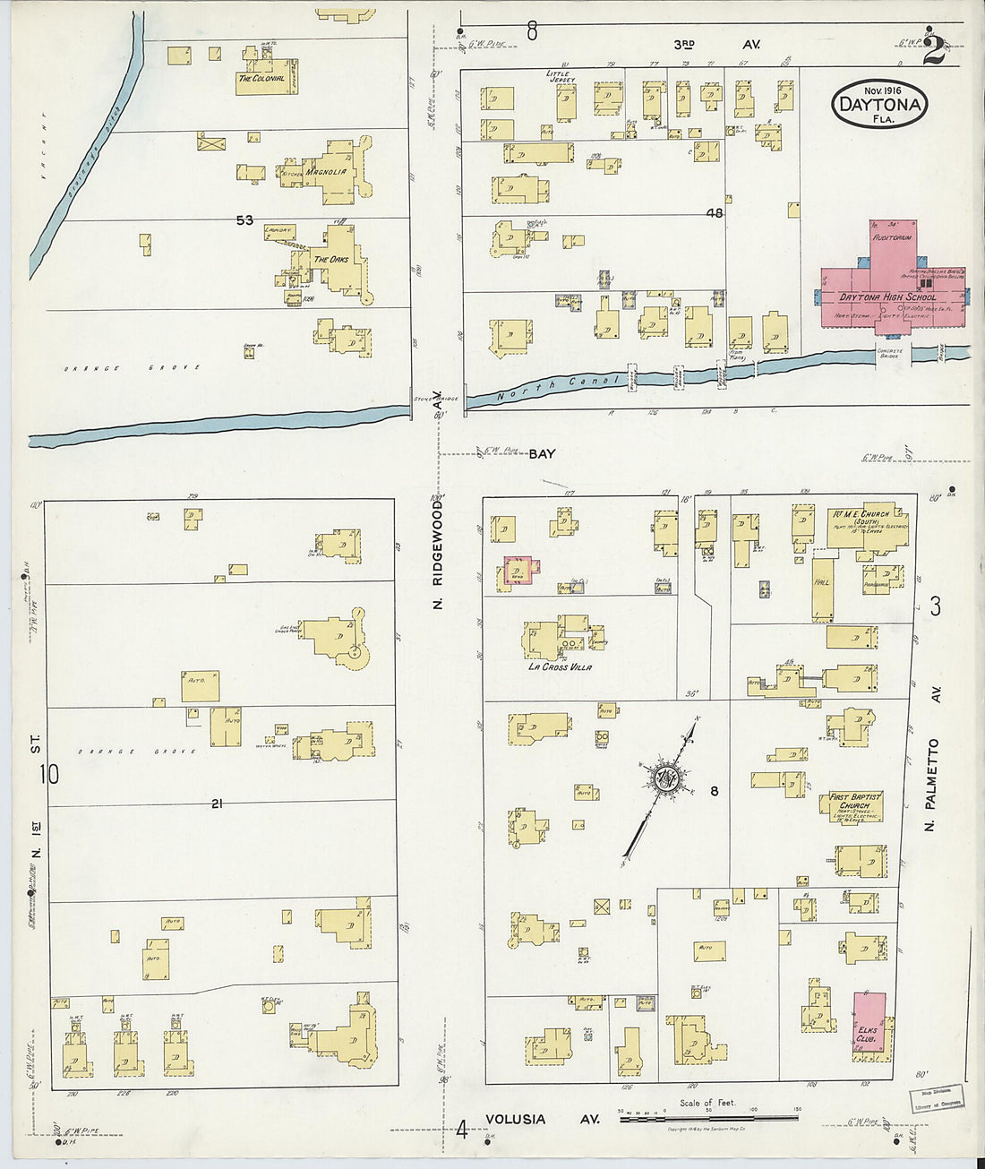 This old map of Daytona, Volusia County, Florida was created by Sanborn Map Company in 1916