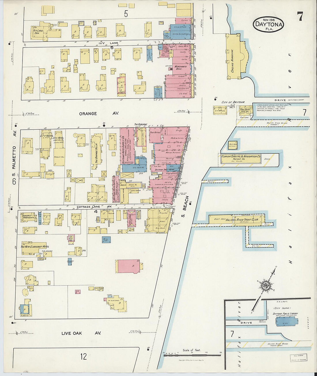 This old map of Daytona, Volusia County, Florida was created by Sanborn Map Company in 1916