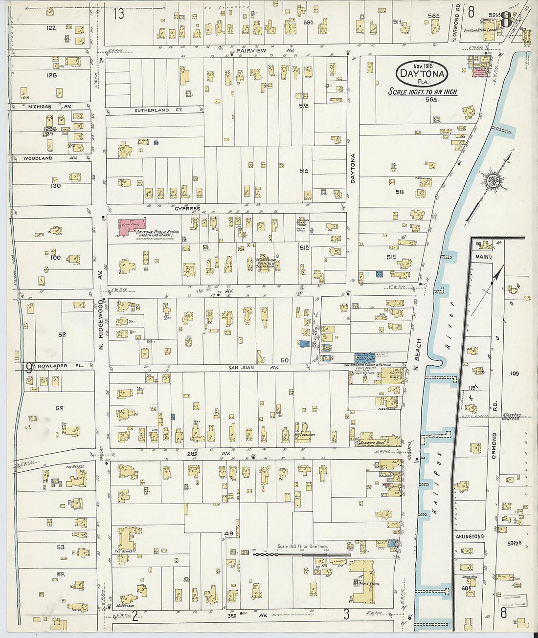 This old map of Daytona, Volusia County, Florida was created by Sanborn Map Company in 1916