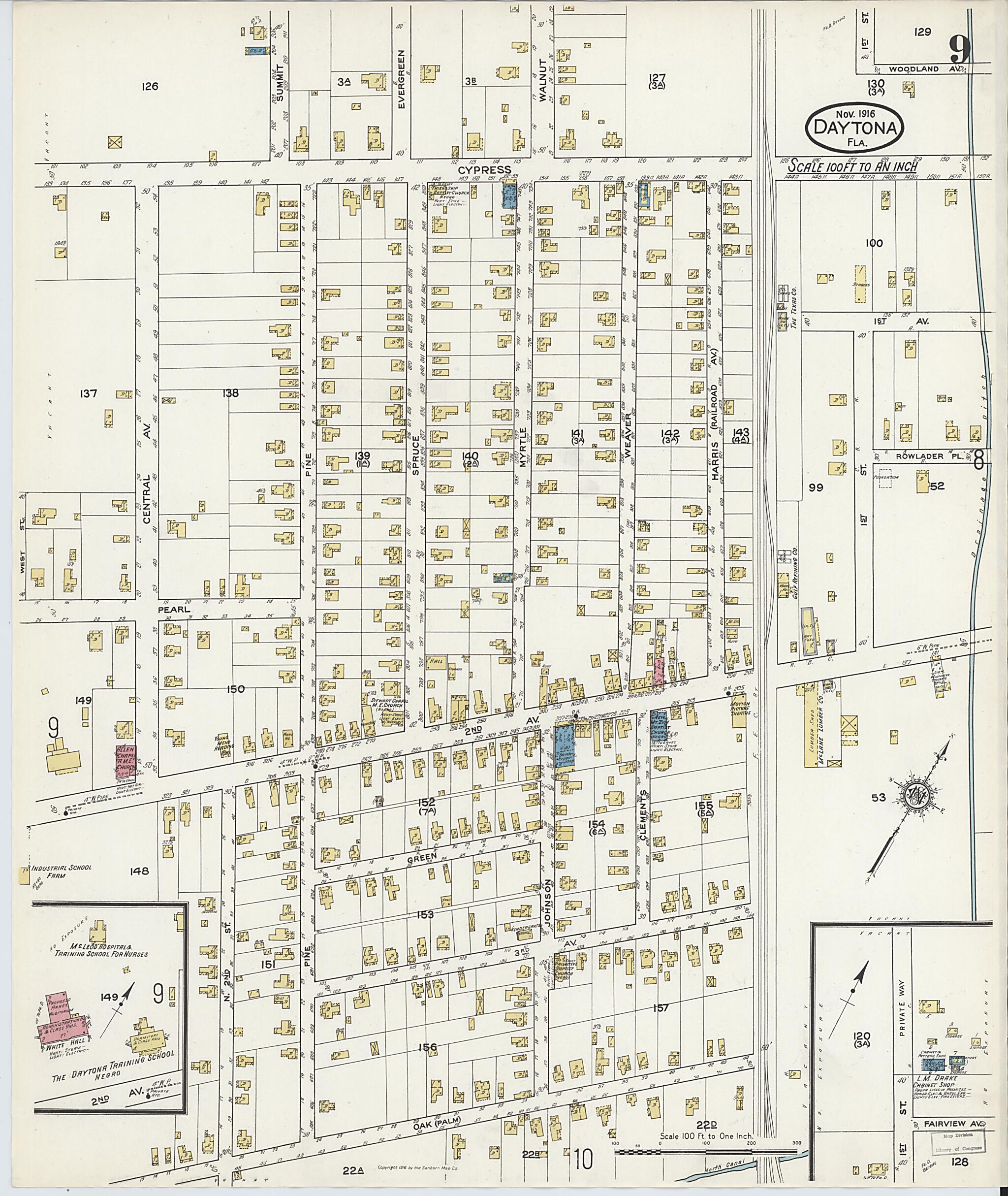 This old map of Daytona, Volusia County, Florida was created by Sanborn Map Company in 1916