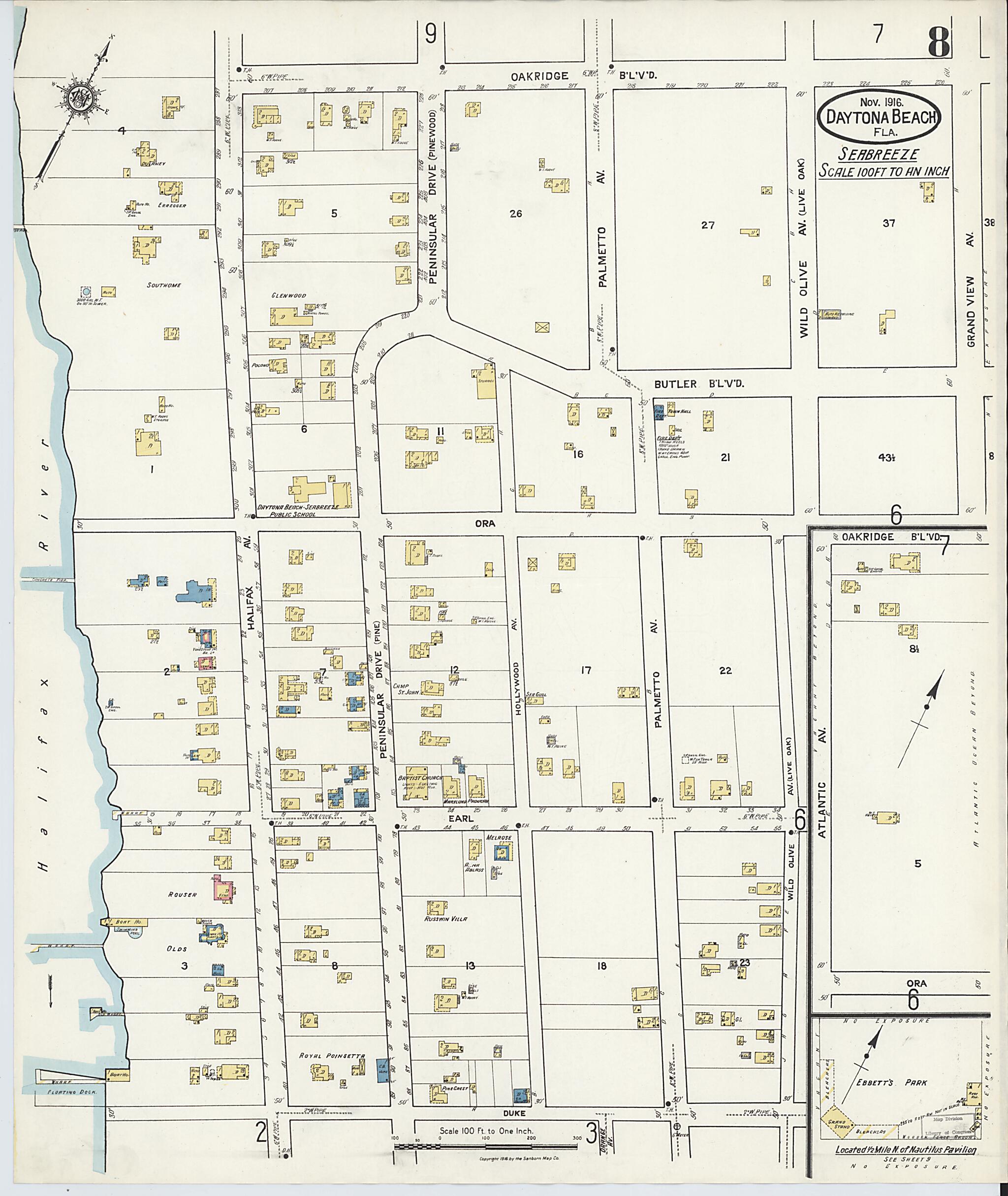 This old map of Seabreeze, Volusia County, Florida was created by Sanborn Map Company in 1916
