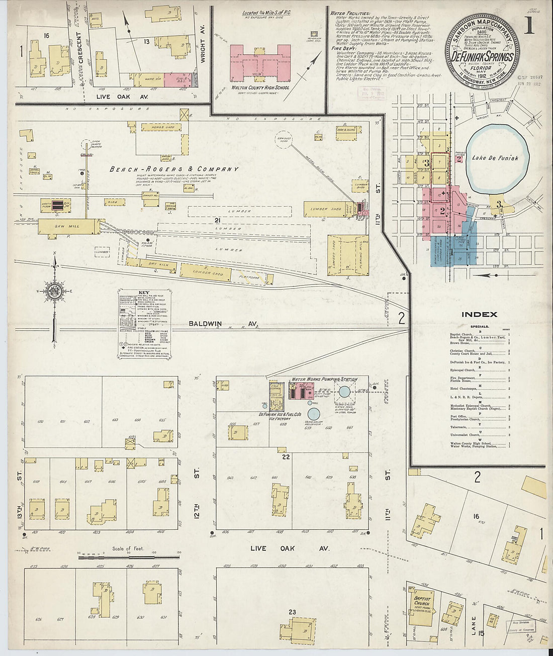 This old map of De Funiak Springs, Walton County, Florida was created by Sanborn Map Company in 1912