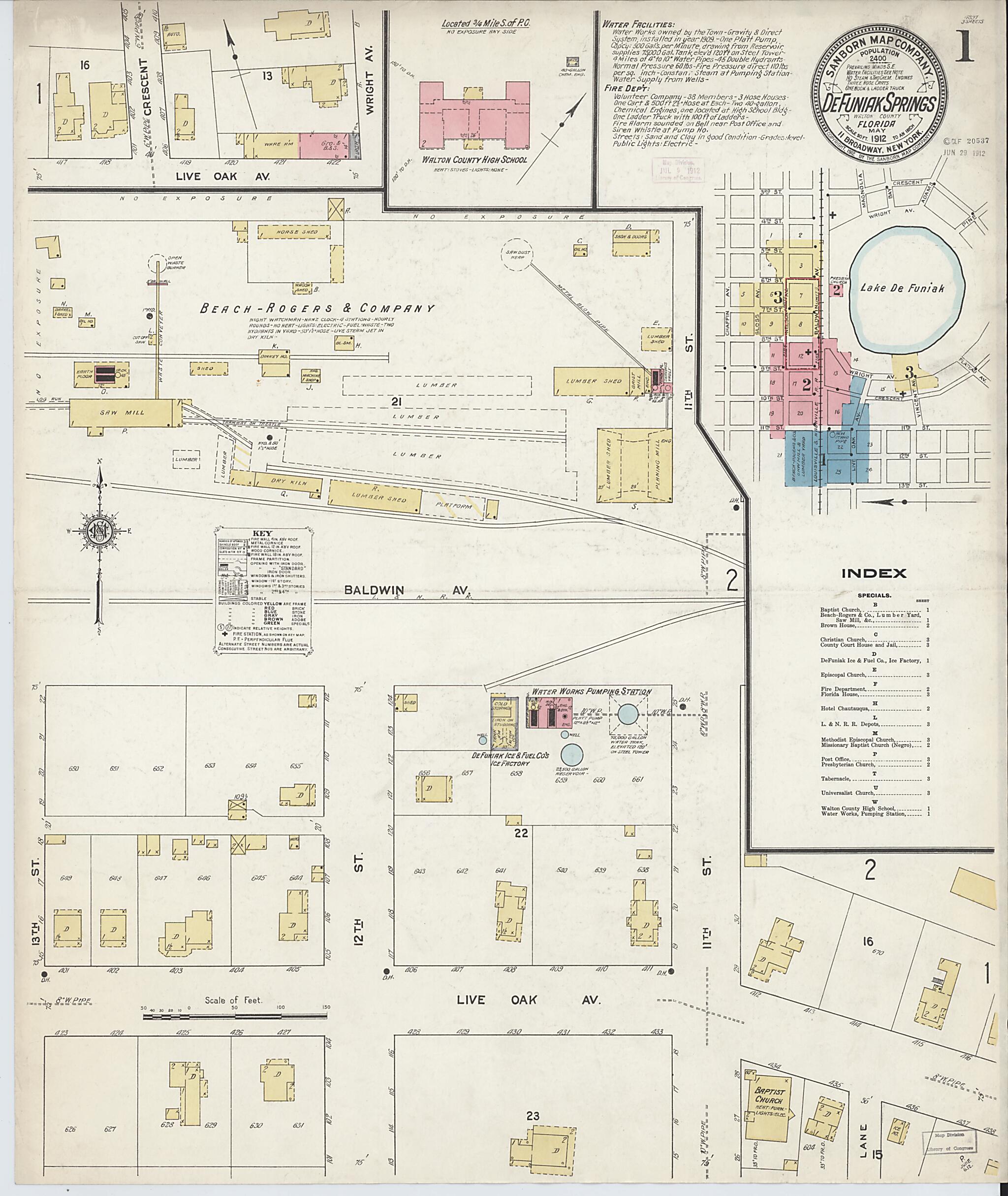 This old map of De Funiak Springs, Walton County, Florida was created by Sanborn Map Company in 1912