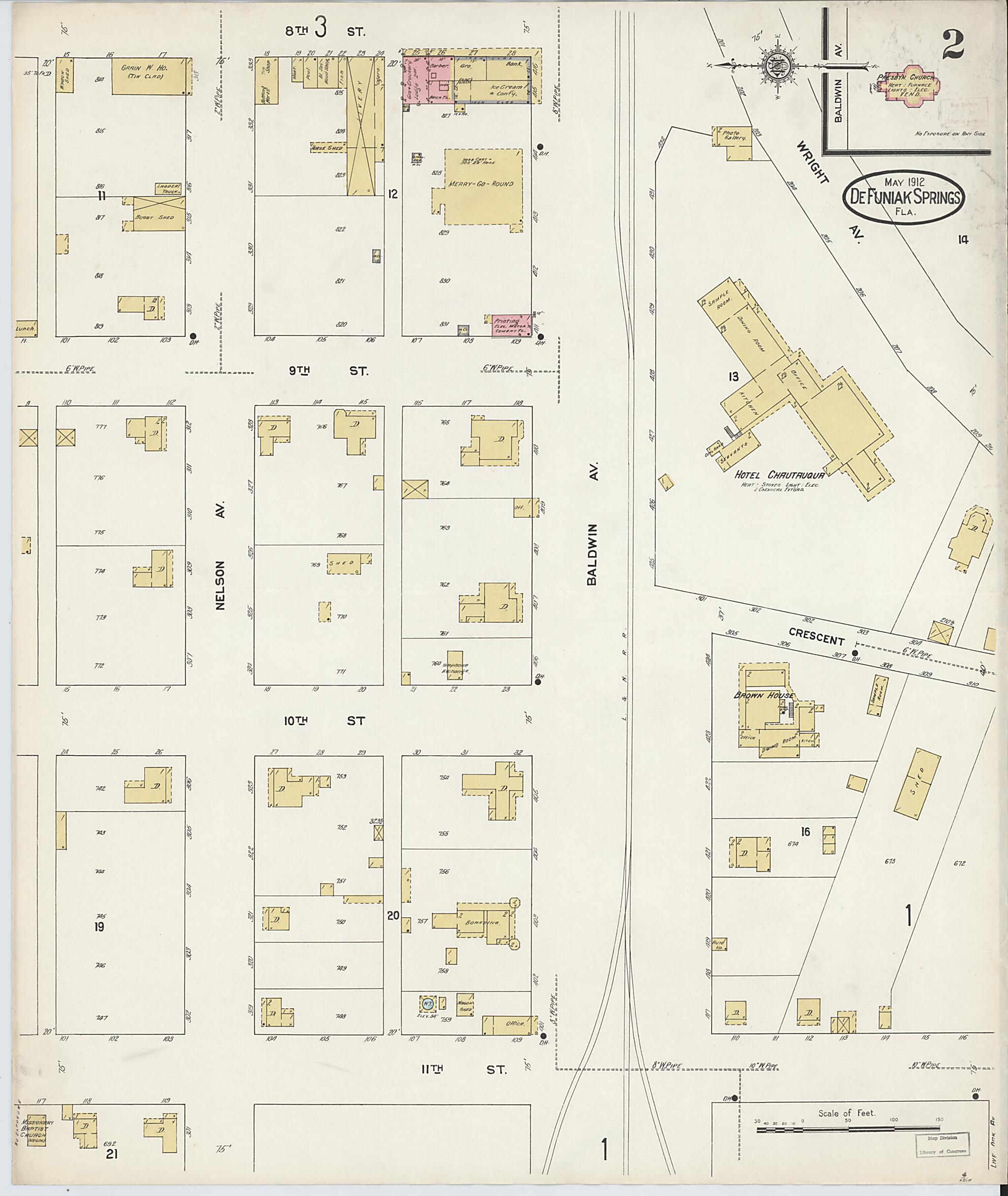 This old map of De Funiak Springs, Walton County, Florida was created by Sanborn Map Company in 1912