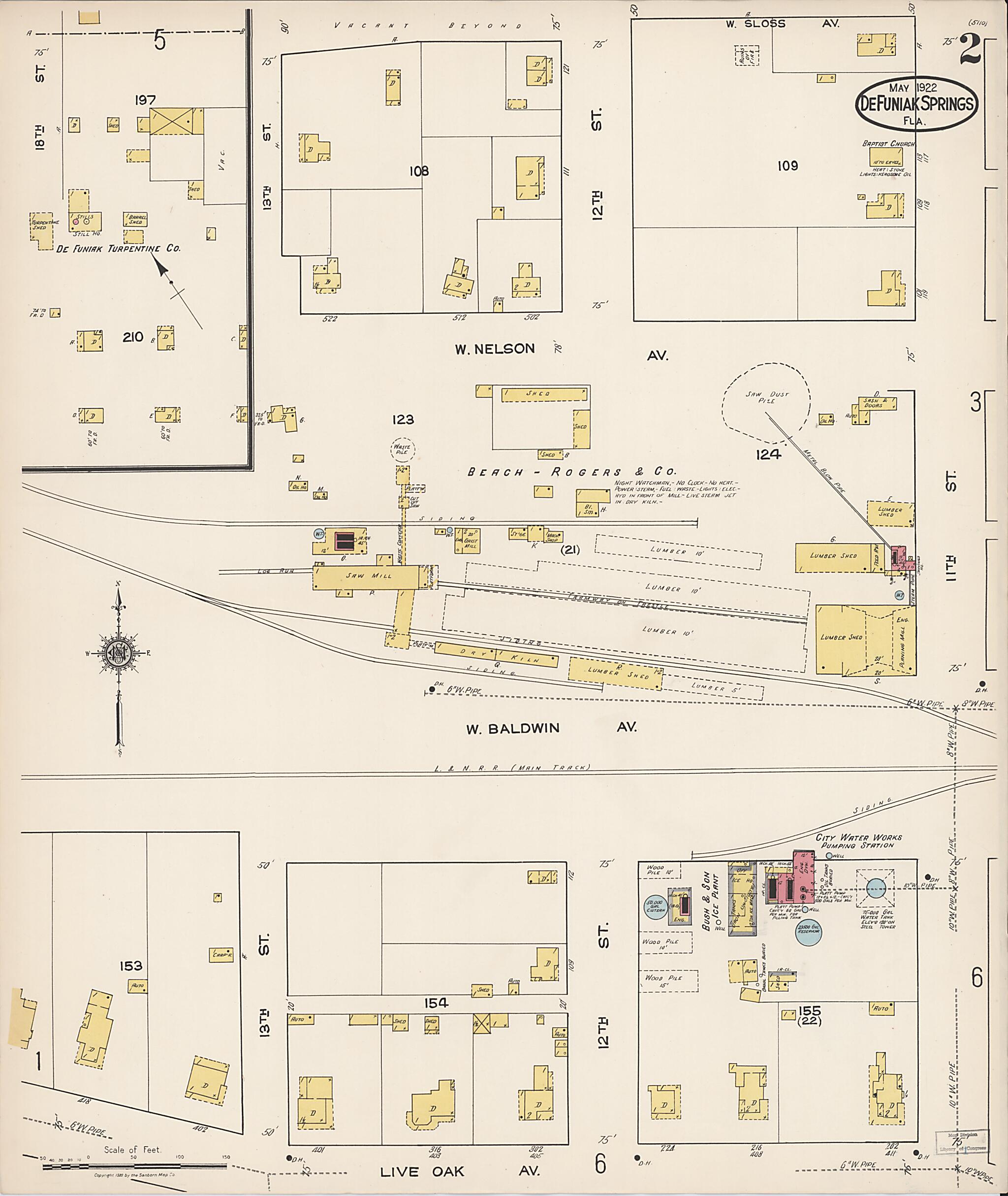 This old map of De Funiak Springs, Walton County, Florida was created by Sanborn Map Company in 1922