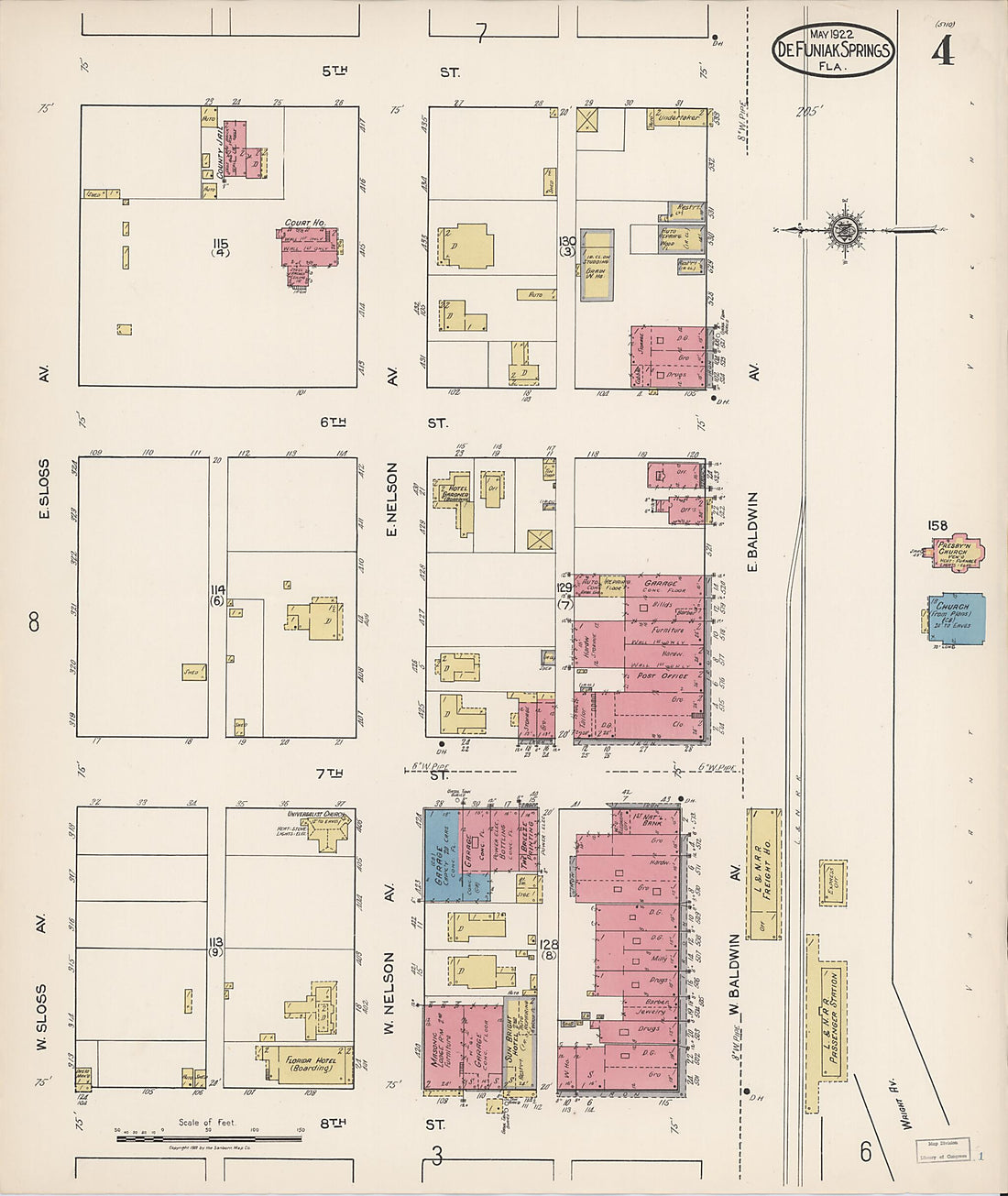This old map of De Funiak Springs, Walton County, Florida was created by Sanborn Map Company in 1922