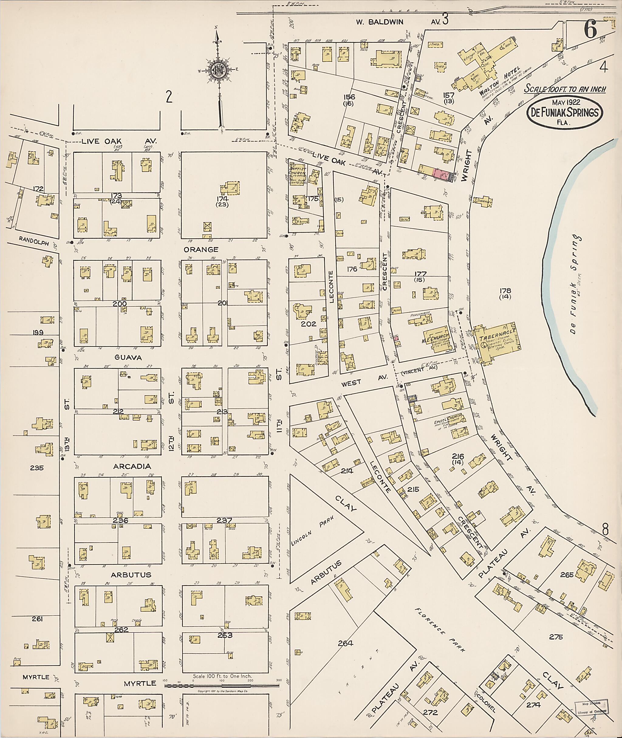 This old map of De Funiak Springs, Walton County, Florida was created by Sanborn Map Company in 1922