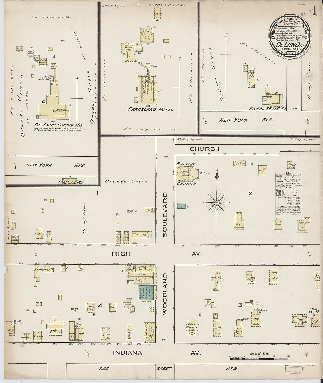 This old map of De Land, Volusia County, Florida was created by Sanborn Map Company in 1885