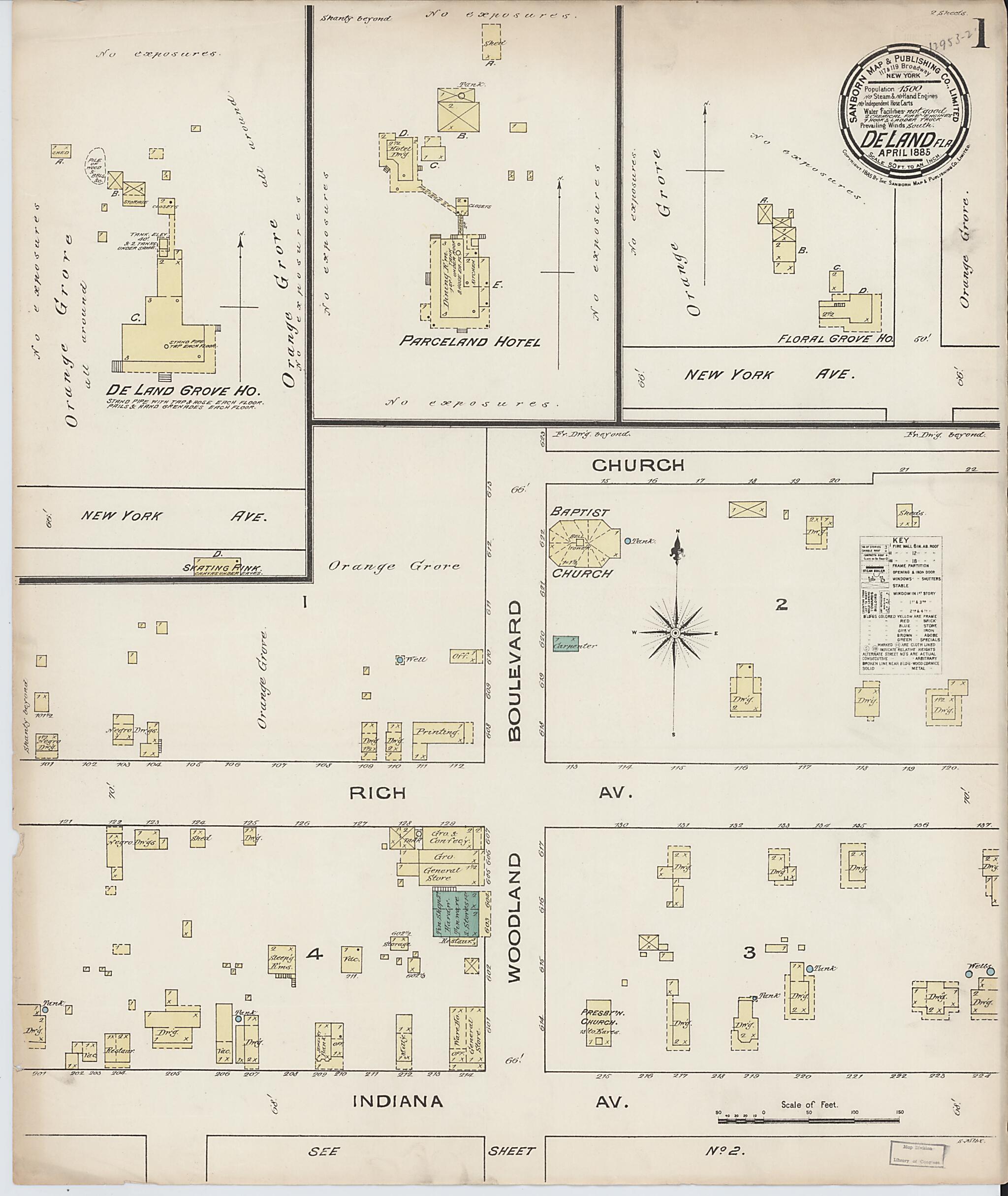 This old map of De Land, Volusia County, Florida was created by Sanborn Map Company in 1885