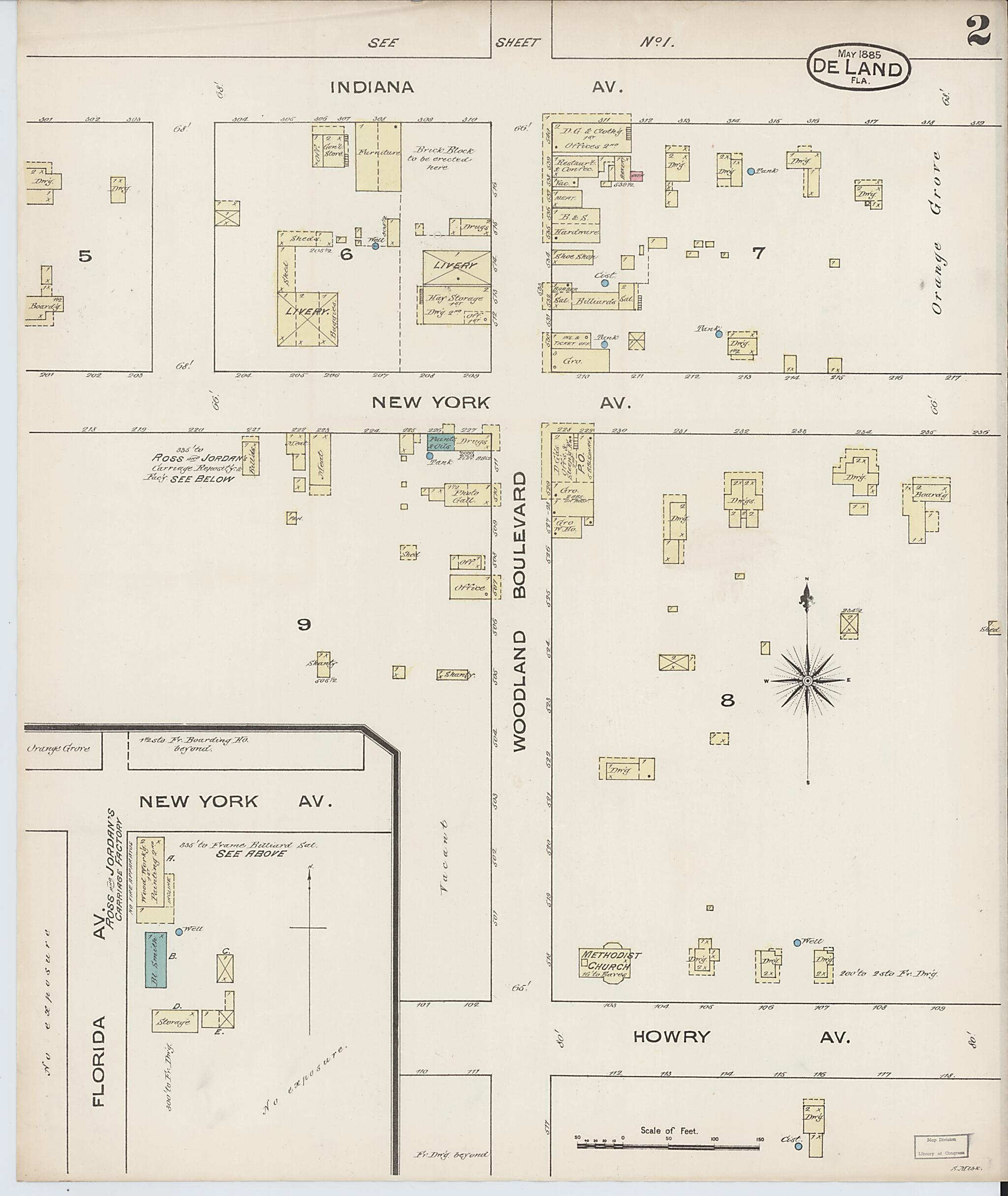 This old map of De Land, Volusia County, Florida was created by Sanborn Map Company in 1885