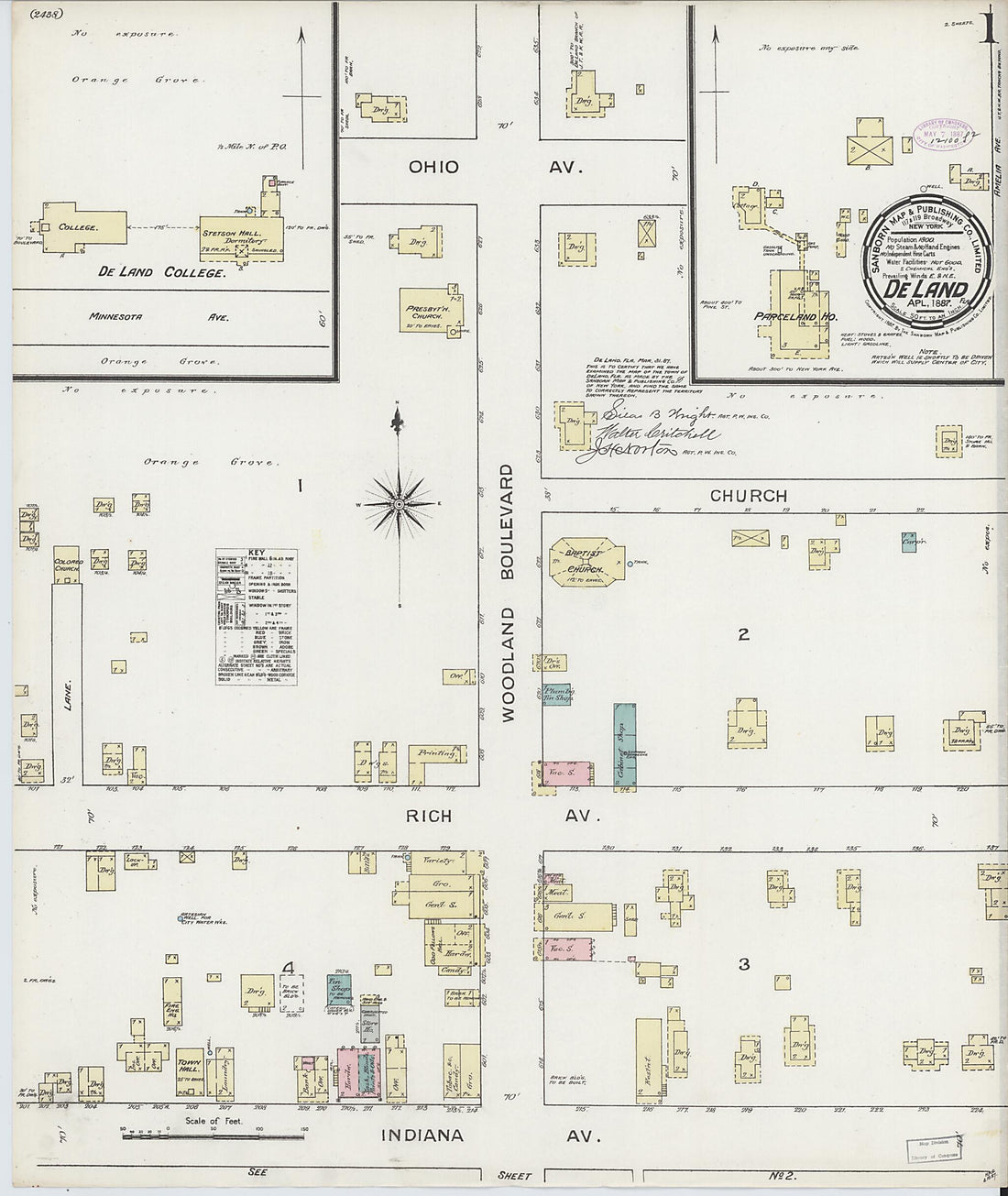 This old map of De Land, Volusia County, Florida was created by Sanborn Map Company in 1887