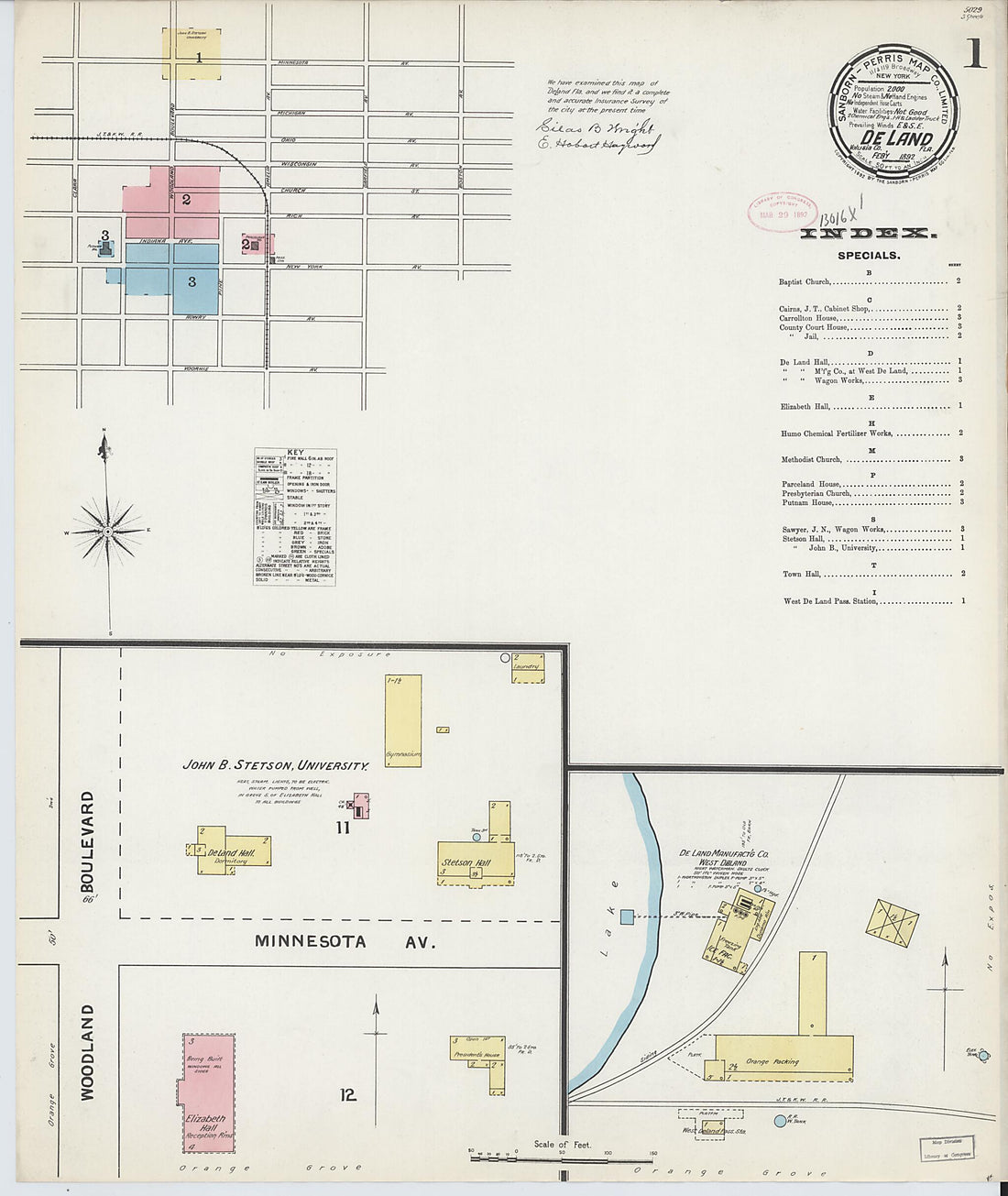 This old map of De Land, Volusia County, Florida was created by Sanborn Map Company in 1892