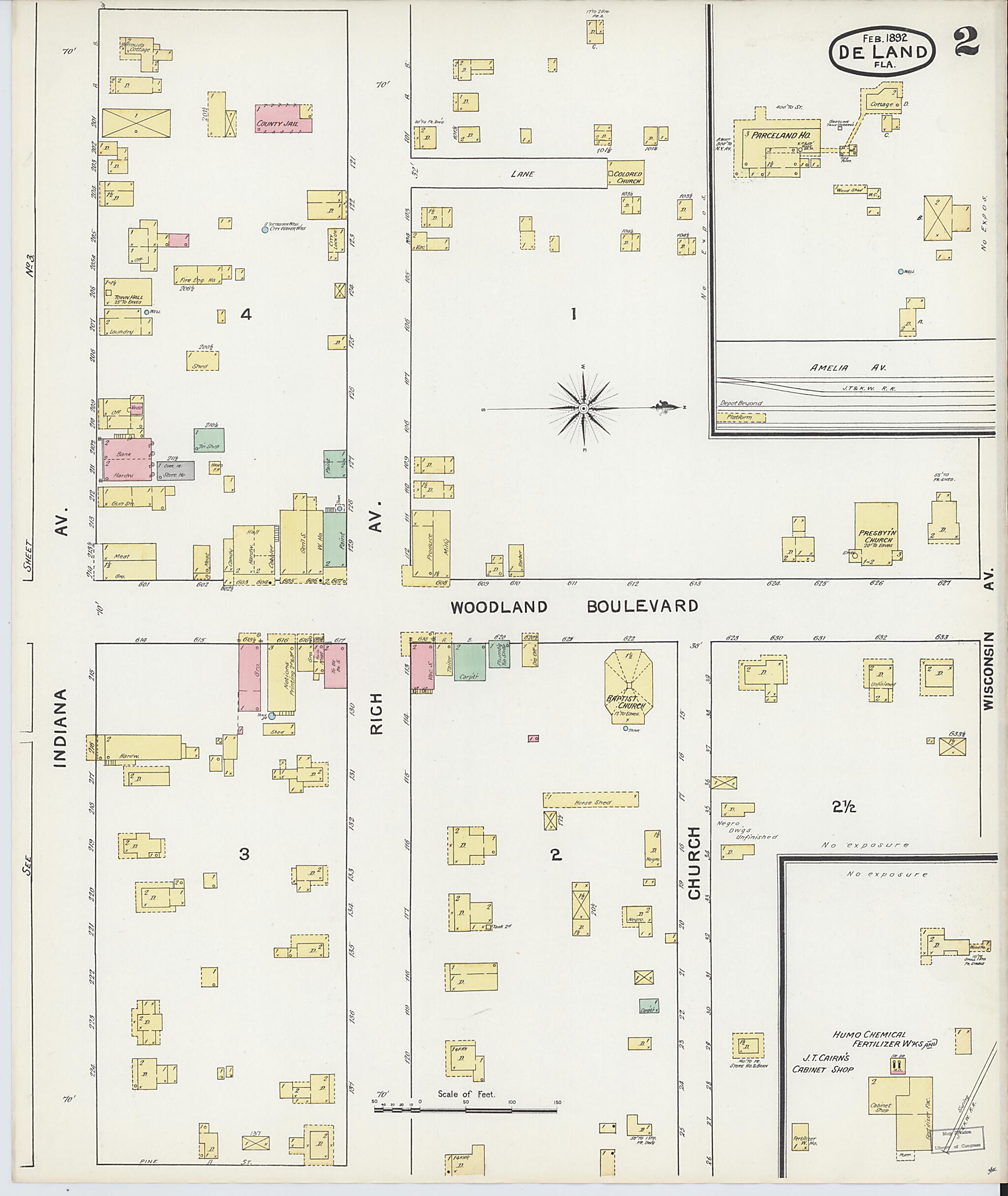 This old map of De Land, Volusia County, Florida was created by Sanborn Map Company in 1892