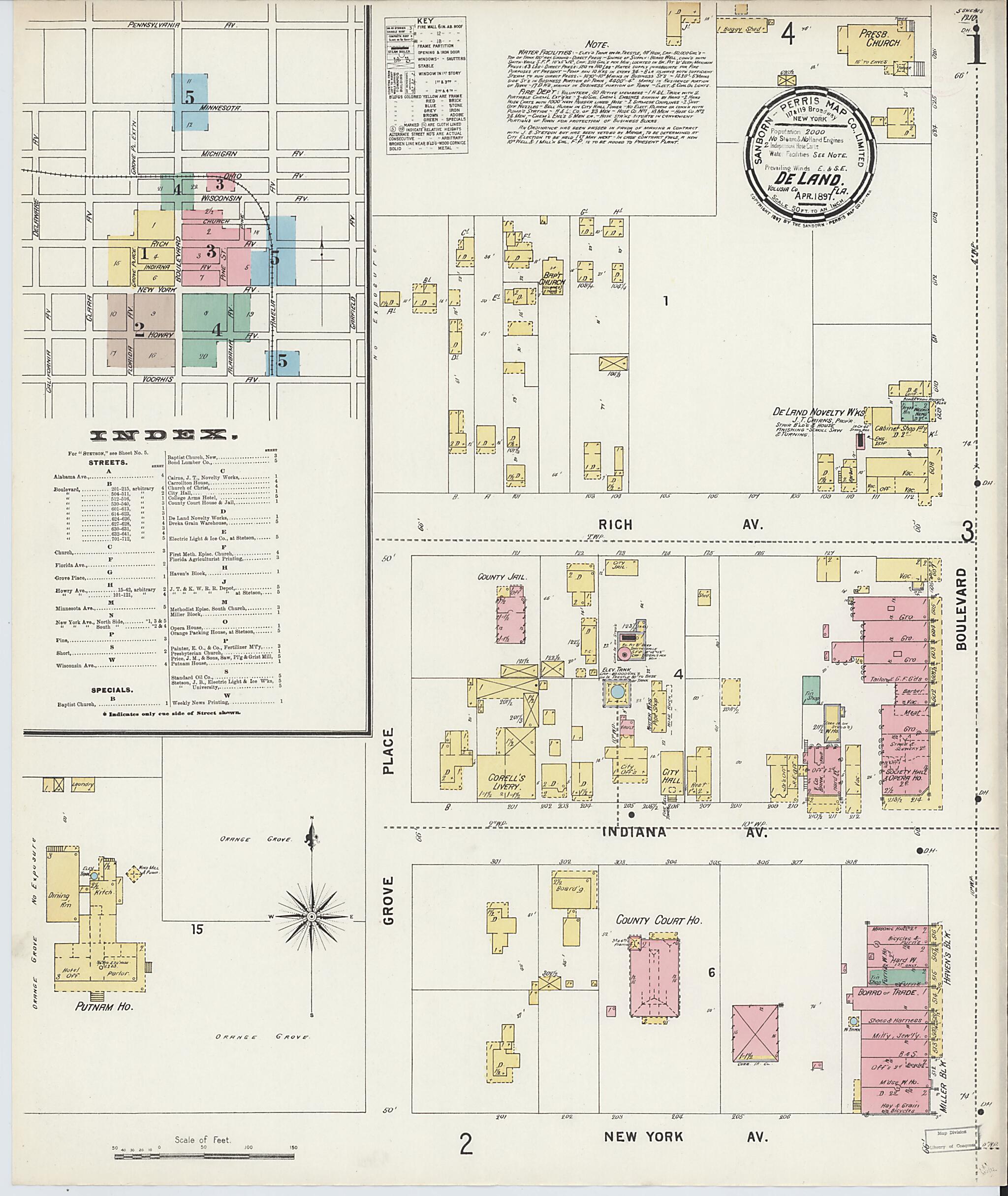This old map of De Land, Volusia County, Florida was created by Sanborn Map Company in 1897