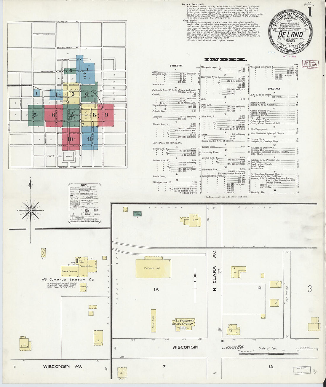 This old map of De Land, Volusia County, Florida was created by Sanborn Map Company in 1909