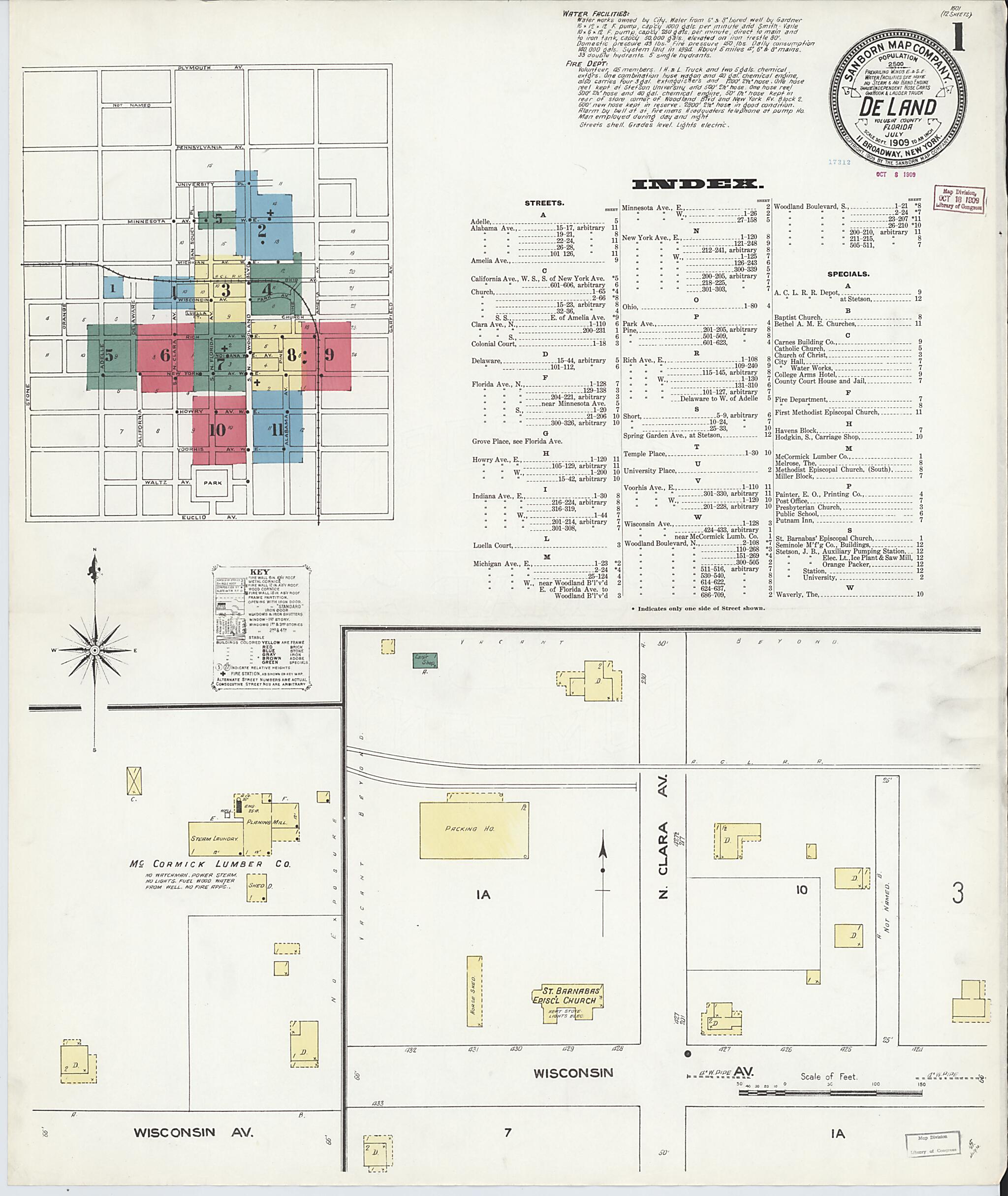 This old map of De Land, Volusia County, Florida was created by Sanborn Map Company in 1909