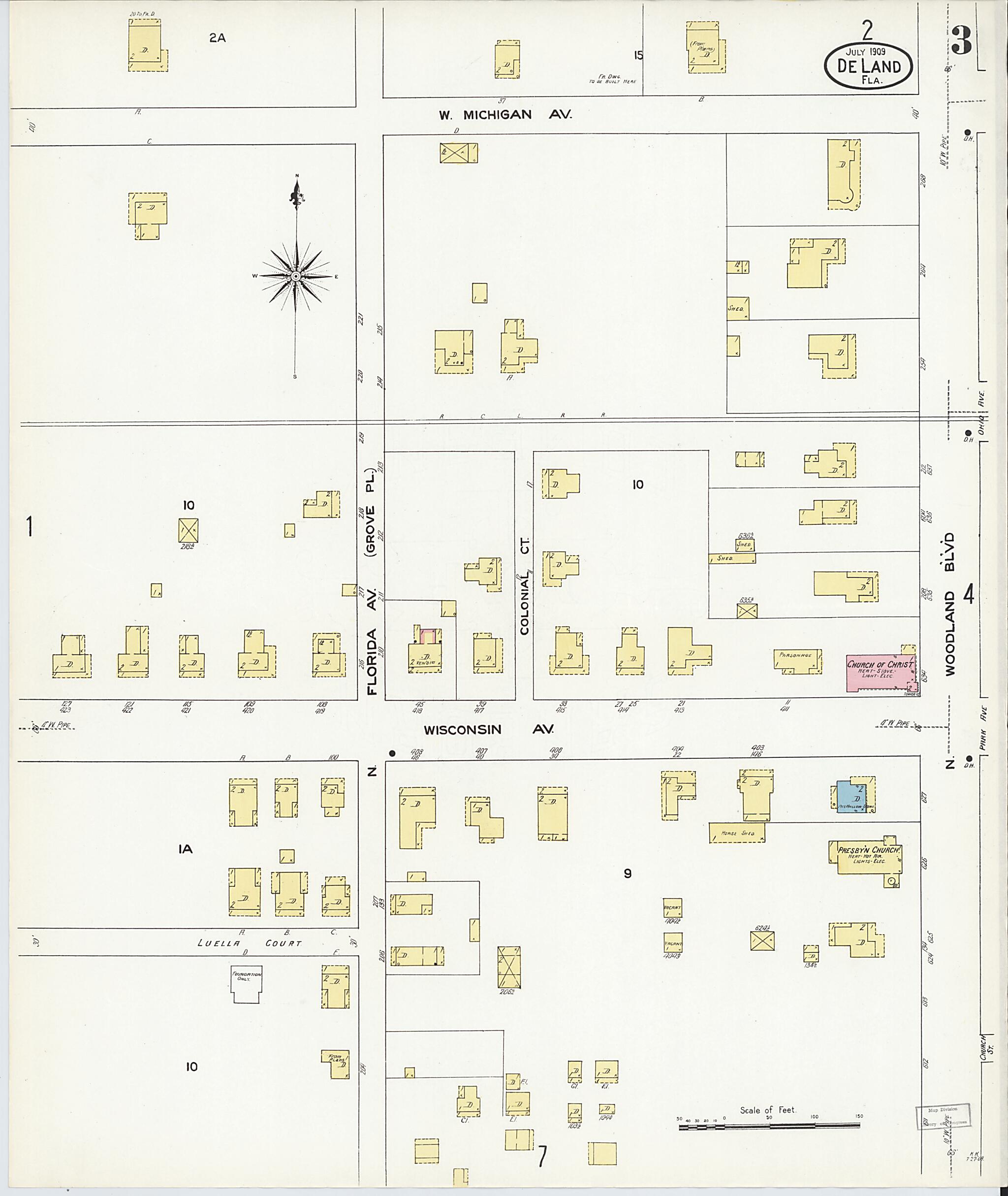 This old map of De Land, Volusia County, Florida was created by Sanborn Map Company in 1909
